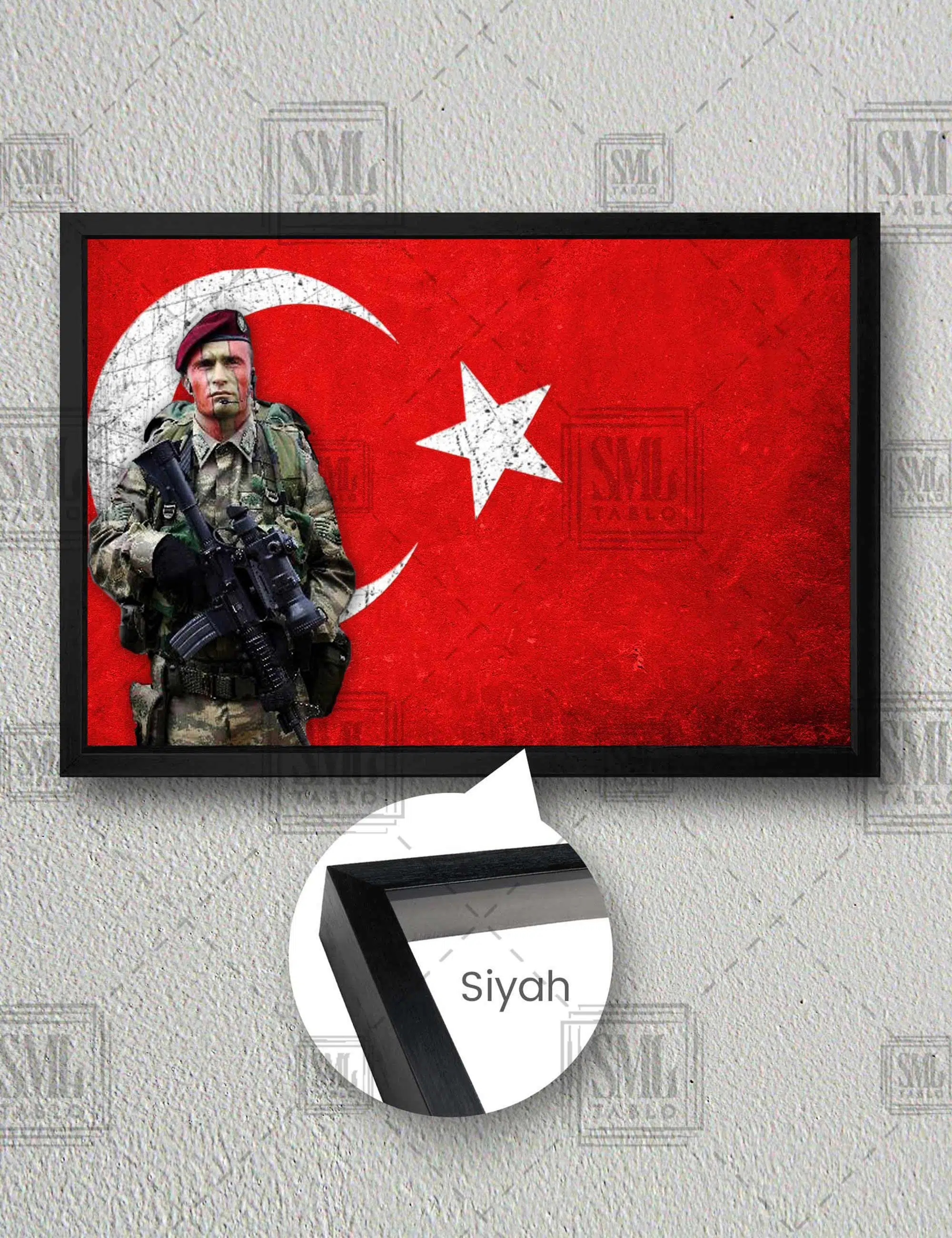 Türk Askeri Türk Bayrağı Bordo Bereli Ay Yıldız Yatay Çerçeveli Kanvas Tablo - Siyah