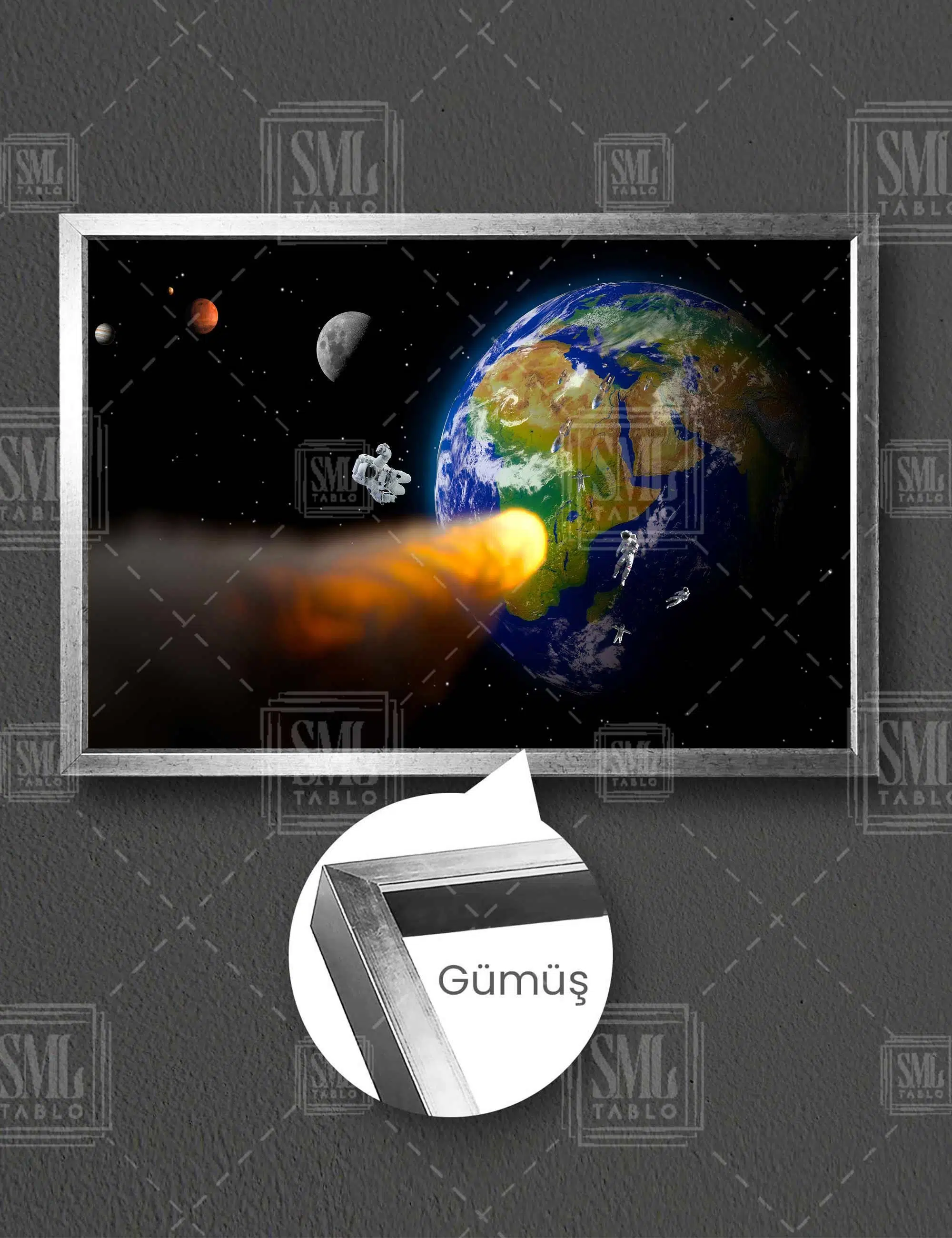 Göktaşı Dünya Uzay Cosmos Yıldızlar Yatay Çerçeveli Kanvas Tablo - Gümüş