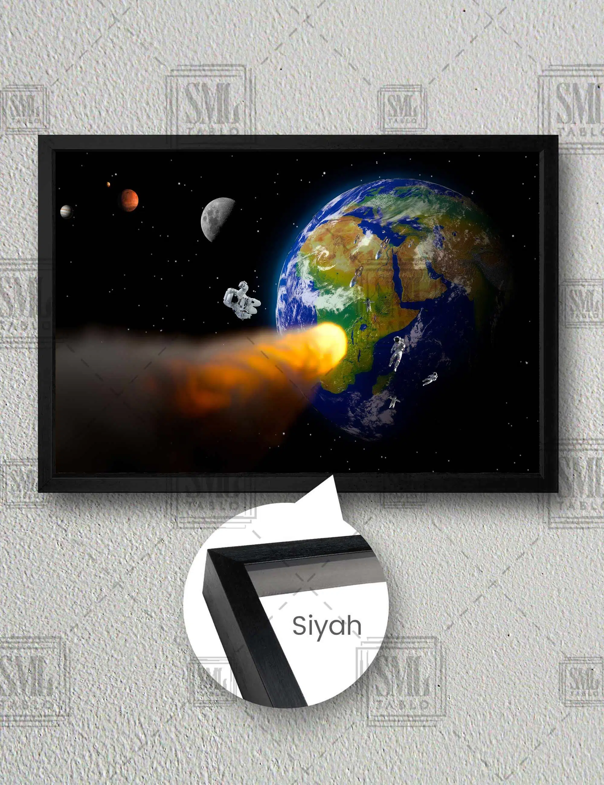 Göktaşı Dünya Uzay Cosmos Yıldızlar Yatay Çerçeveli Kanvas Tablo - Siyah