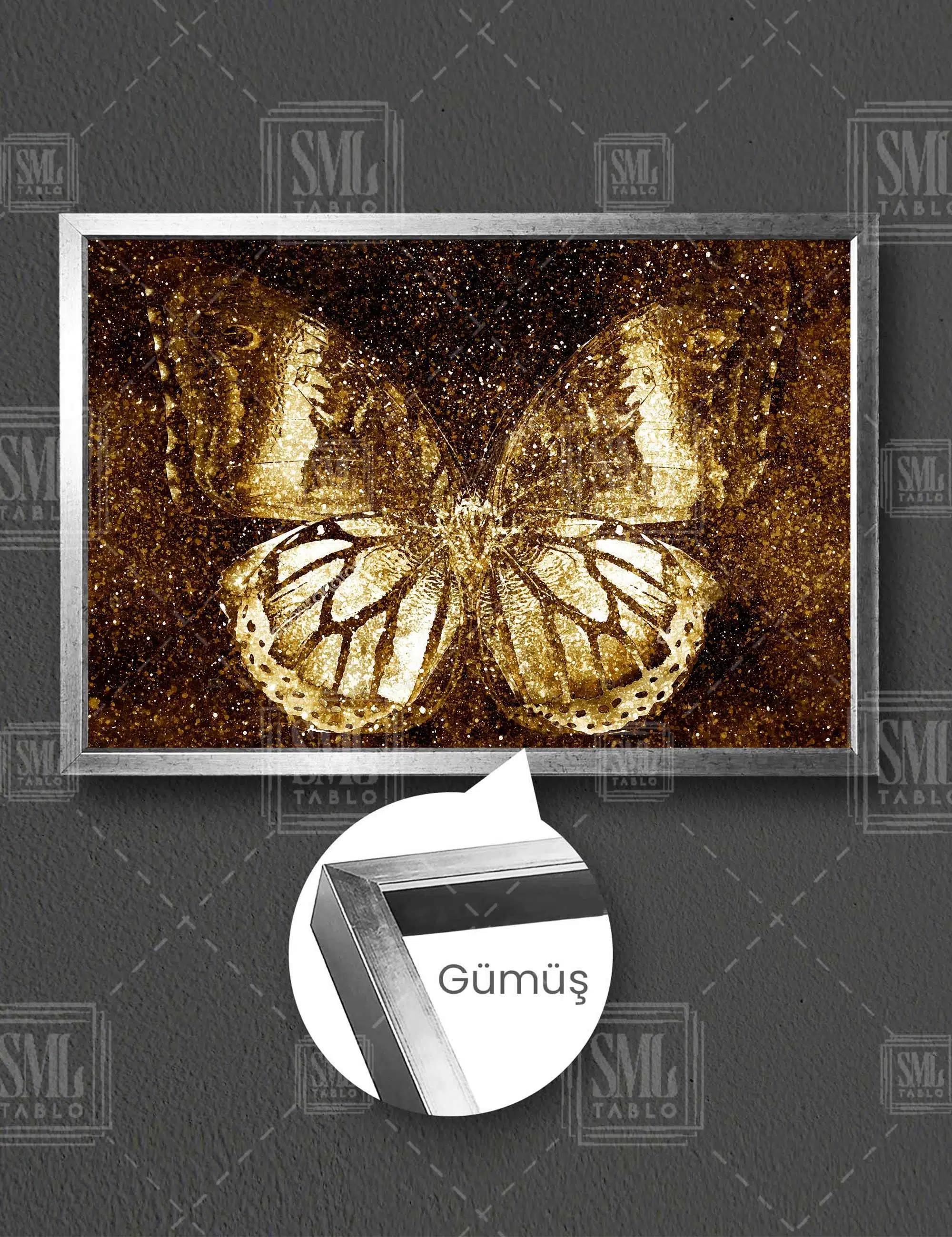 Altın Kelebek Makro Gold Dekoratif Modern Yatay Çerçeveli Kanvas Tablo - Gümüş