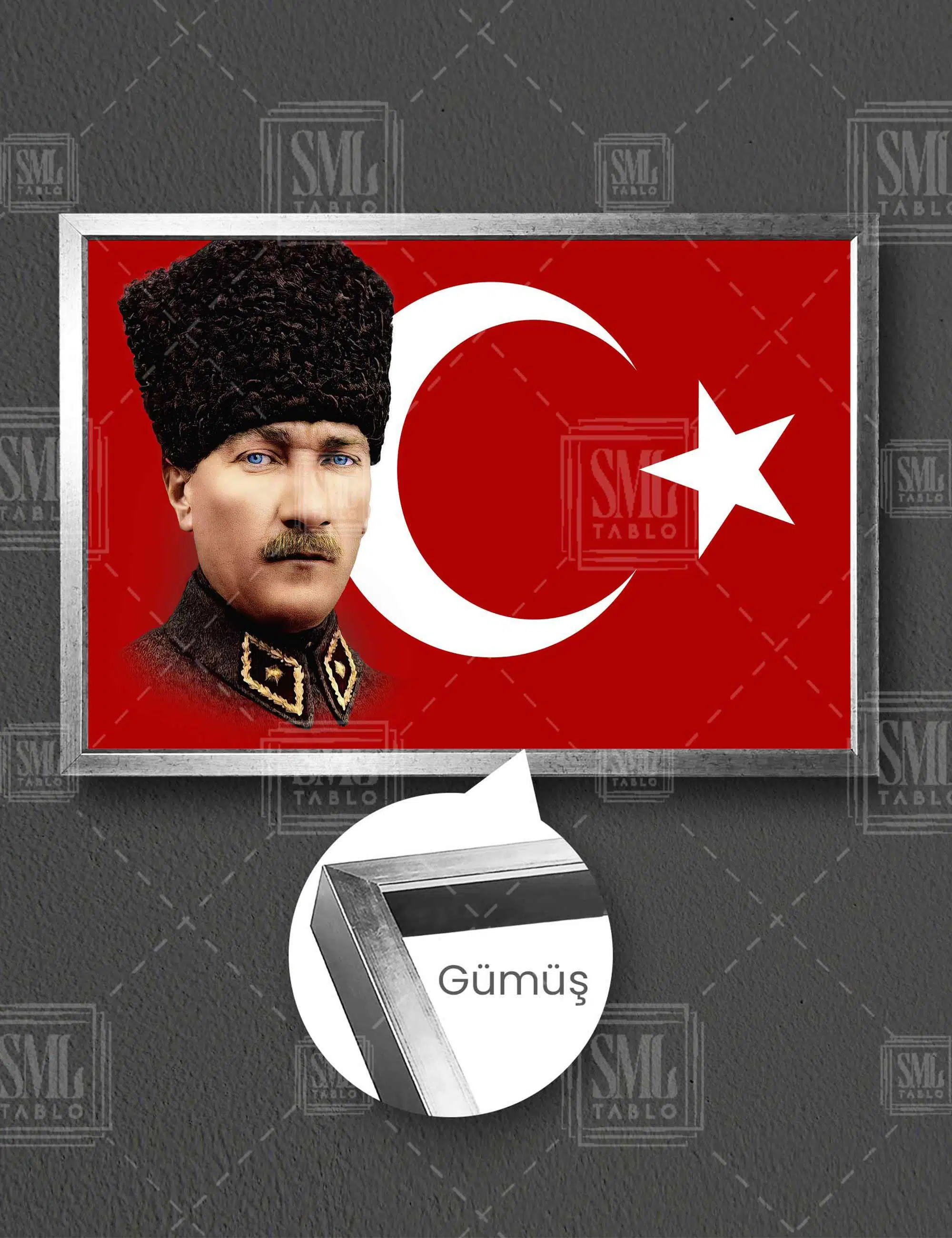 Mustafa Kemal Atatürk Türk Bayrağı Yatay Çerçeveli Kanvas Tablo - Gümüş