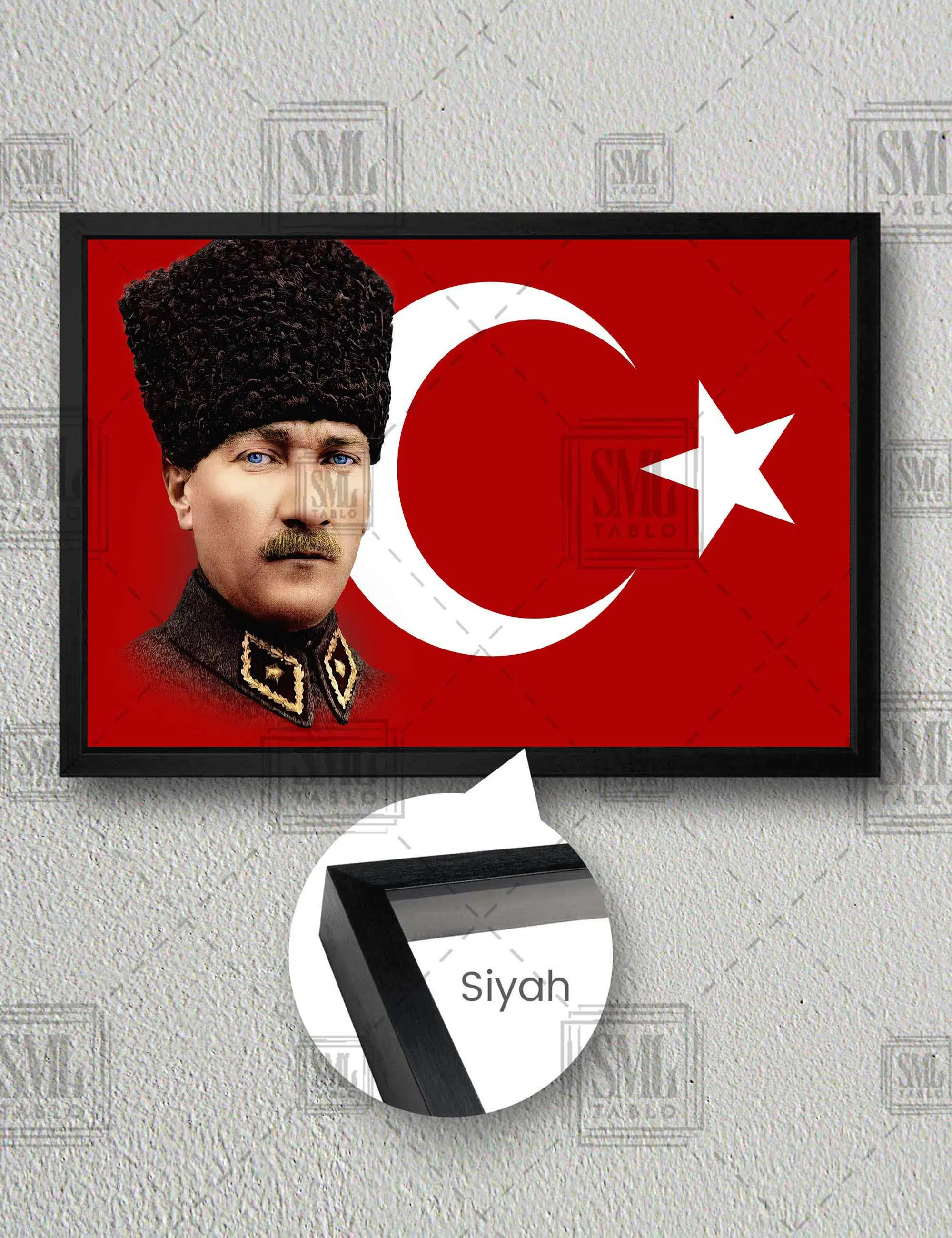 Mustafa Kemal Atatürk Türk Bayrağı Yatay Çerçeveli Kanvas Tablo - Siyah