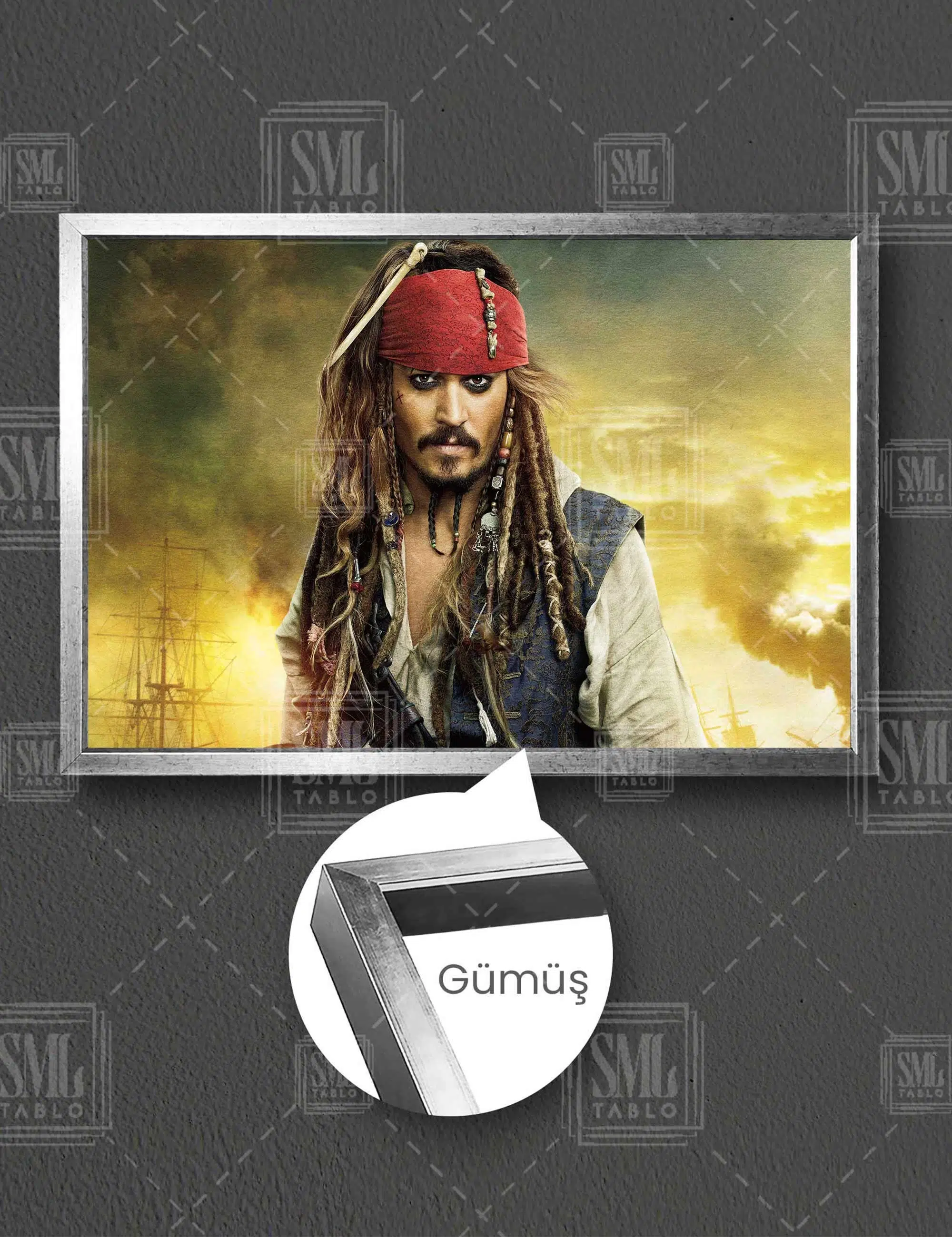  Kaptan Chak Sparrow Karayip Korsanları Johnny Depp Yatay Çerçeveli Kanvas Tablo - Gümüş
