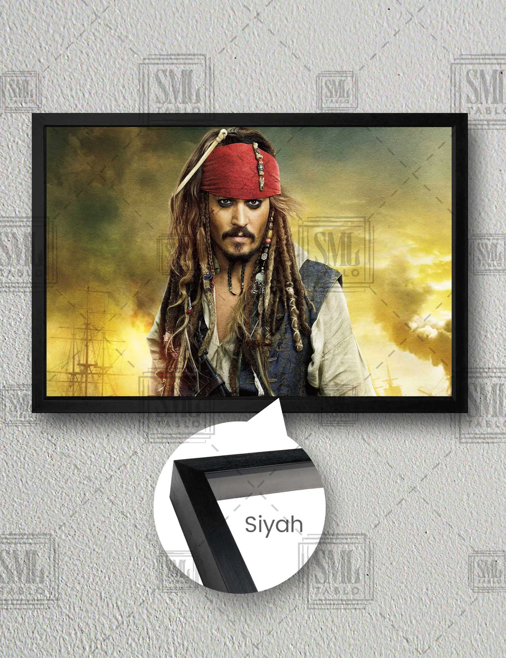  Kaptan Chak Sparrow Karayip Korsanları Johnny Depp Yatay Çerçeveli Kanvas Tablo - Siyah