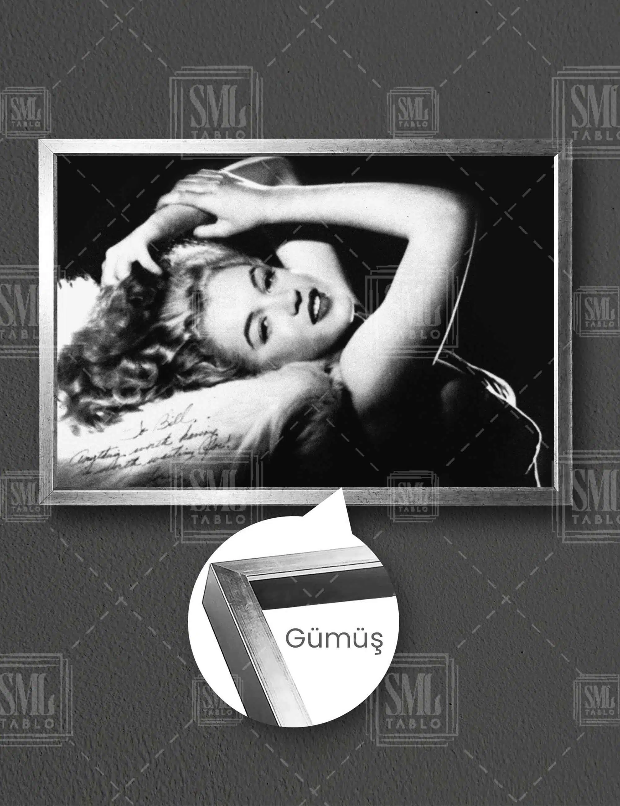 Marilyn Monroe Nü Siyah Beyaz Kadın Woman Yatay Çerçeveli Kanvas Tablo - Gümüş