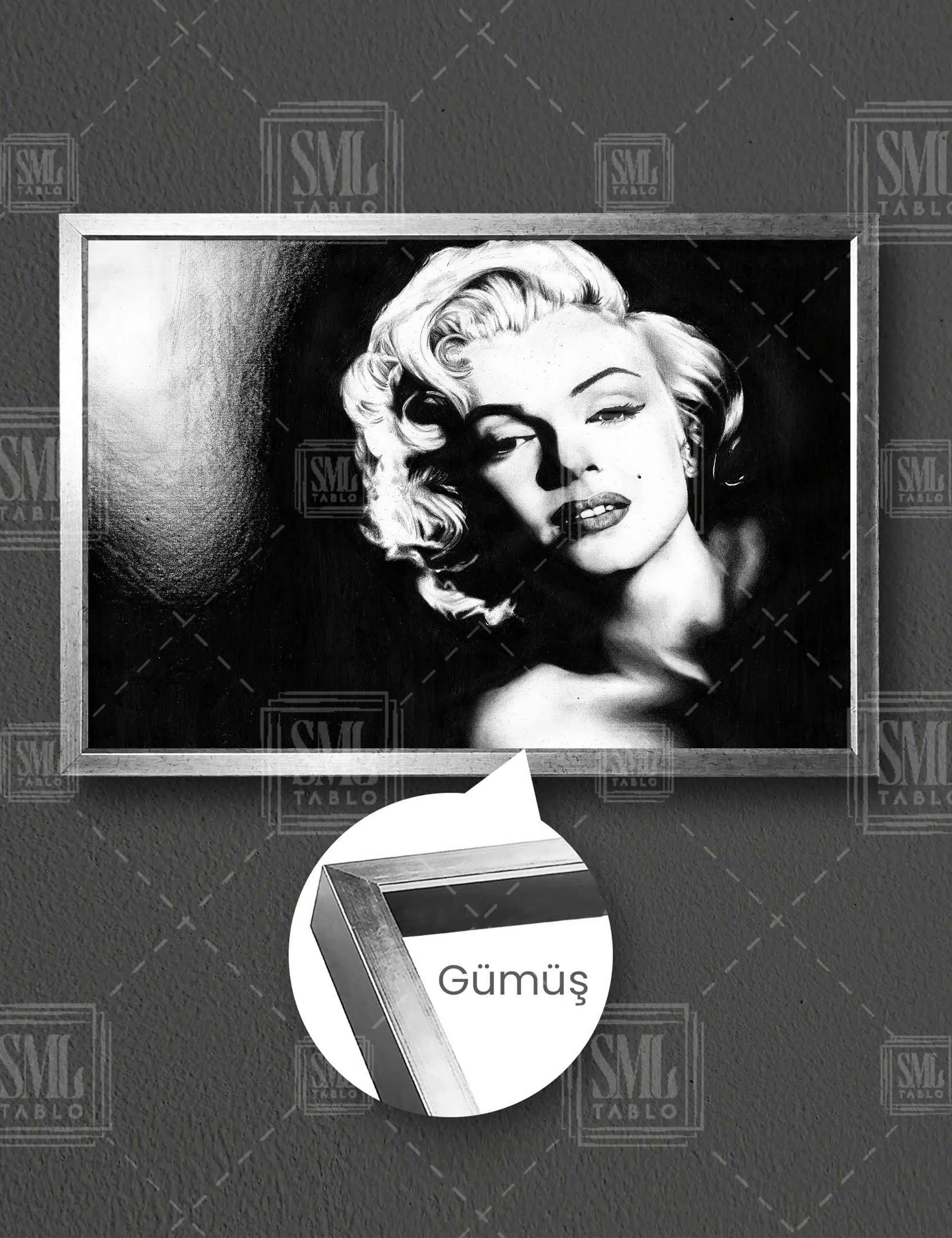 Siyah Beyaz Marilyn Monroe Kadın Nostalji Yatay Çerçeveli Kanvas Tablo - Gümüş