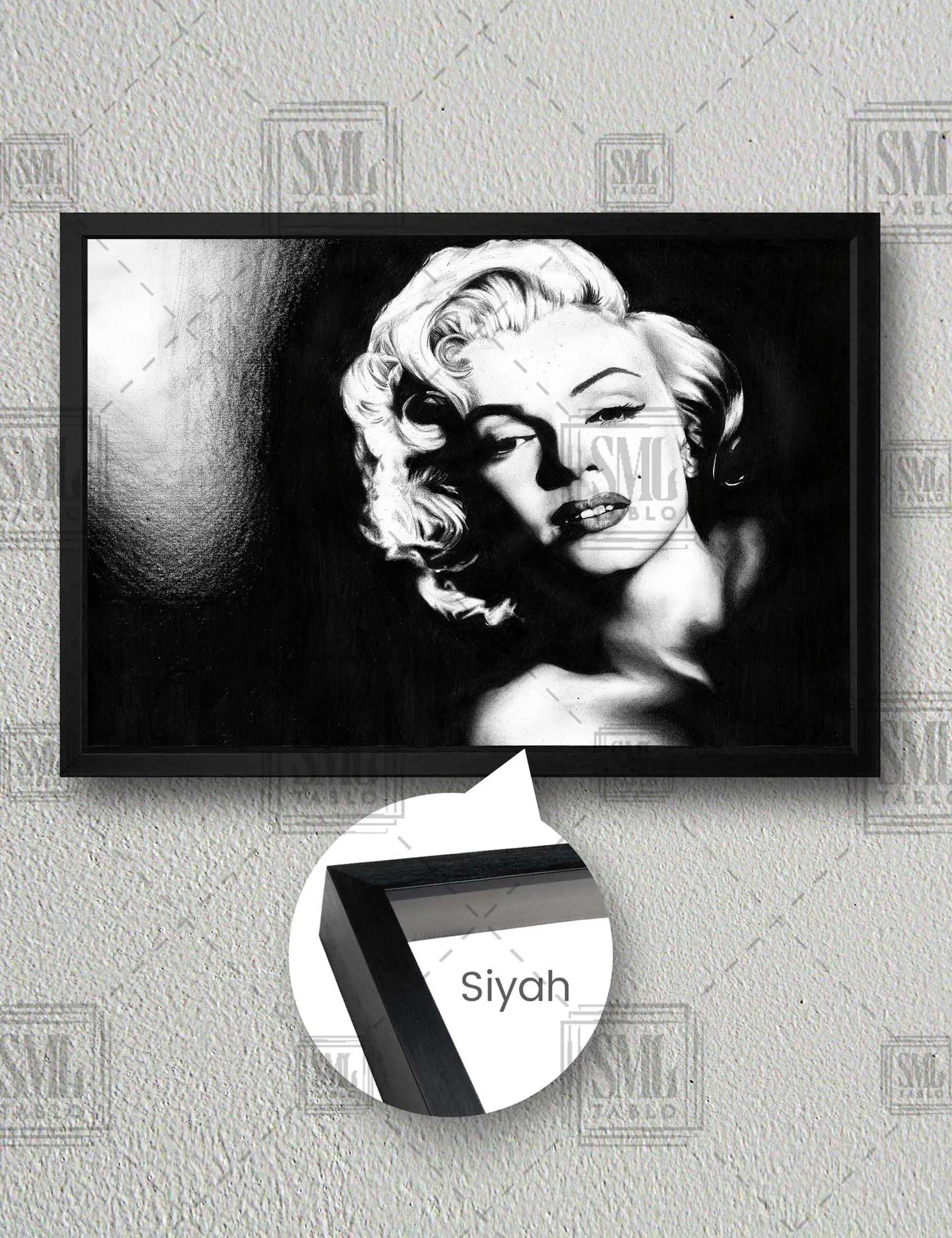 Siyah Beyaz Marilyn Monroe Kadın Nostalji Yatay Çerçeveli Kanvas Tablo - Siyah