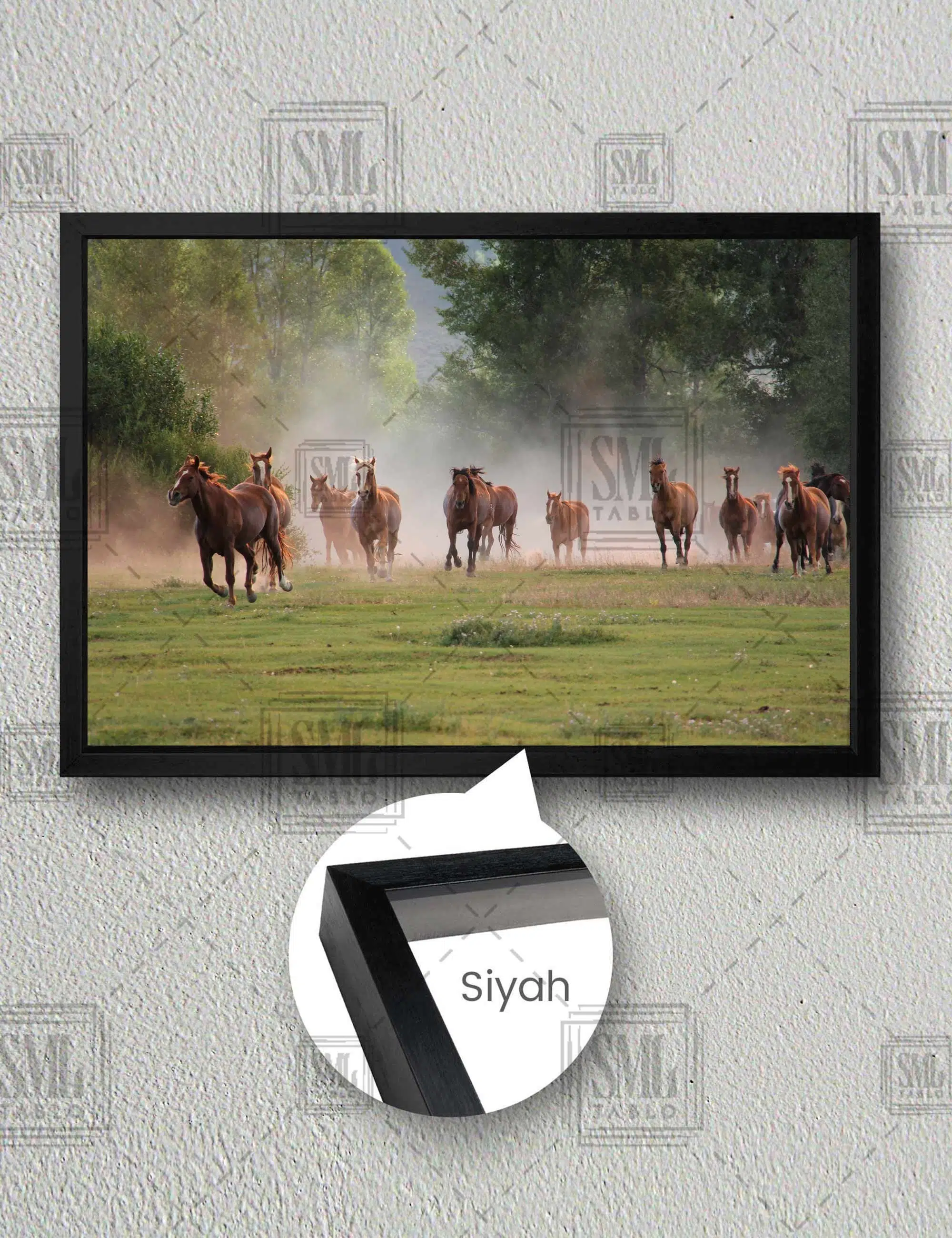 Bozkırda Koşan At Sürüsü Yatay Çerçeveli Kanvas Tablo - Siyah