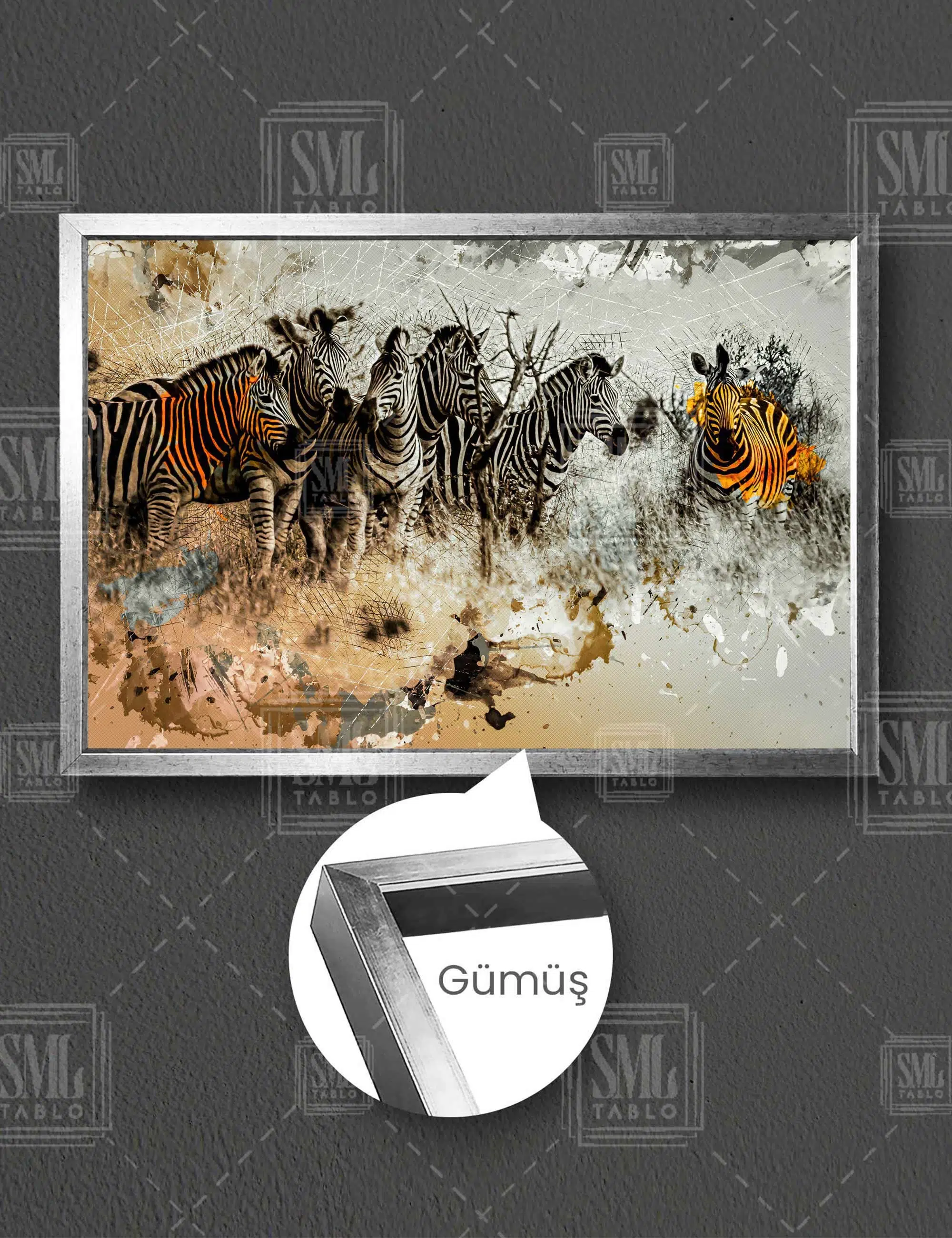 Zebra Sürüsü Afrika Doğa Manzara Hayvan Yatay Çerçeveli Kanvas Tablo - Gümüş