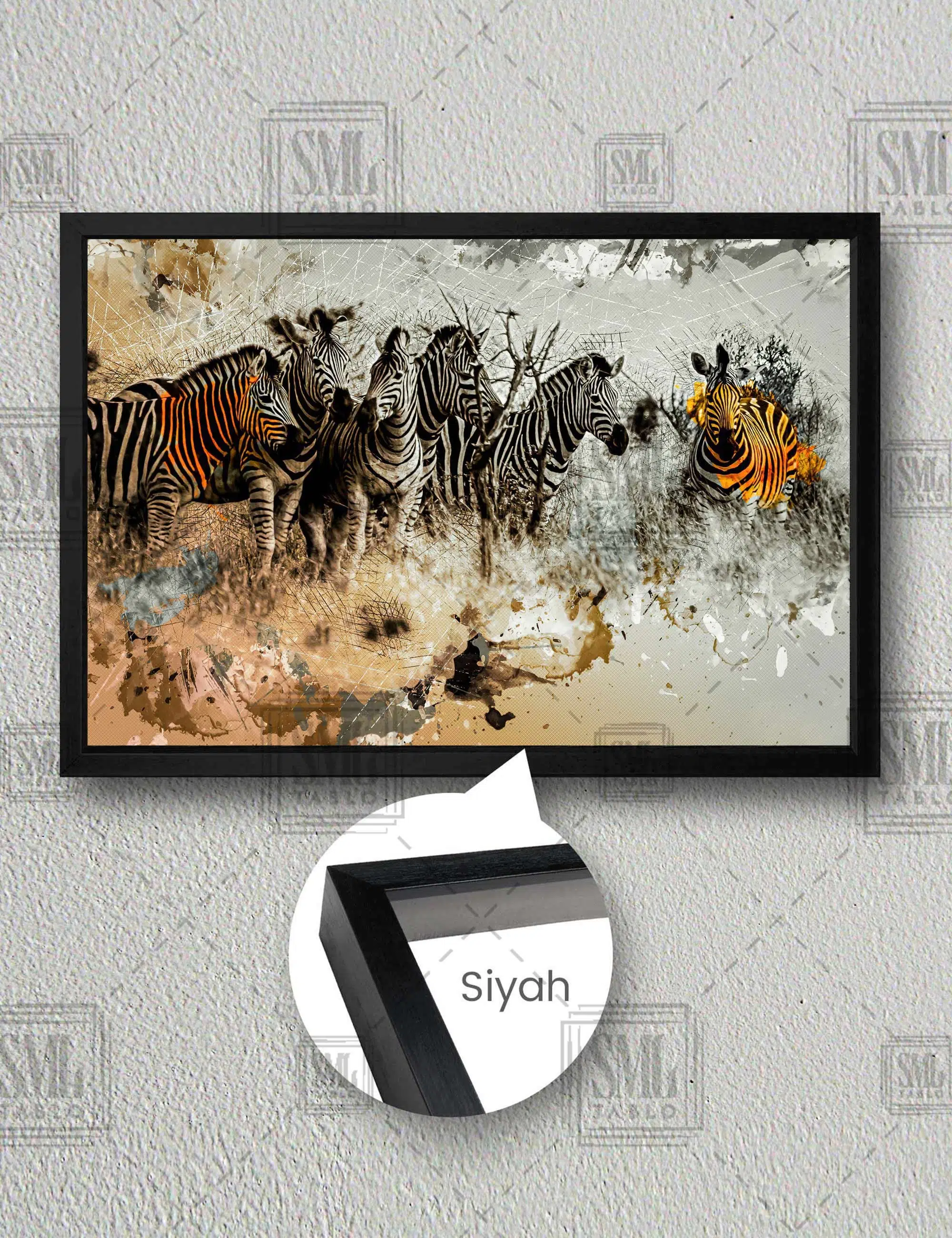 Zebra Sürüsü Afrika Doğa Manzara Hayvan Yatay Çerçeveli Kanvas Tablo - Siyah