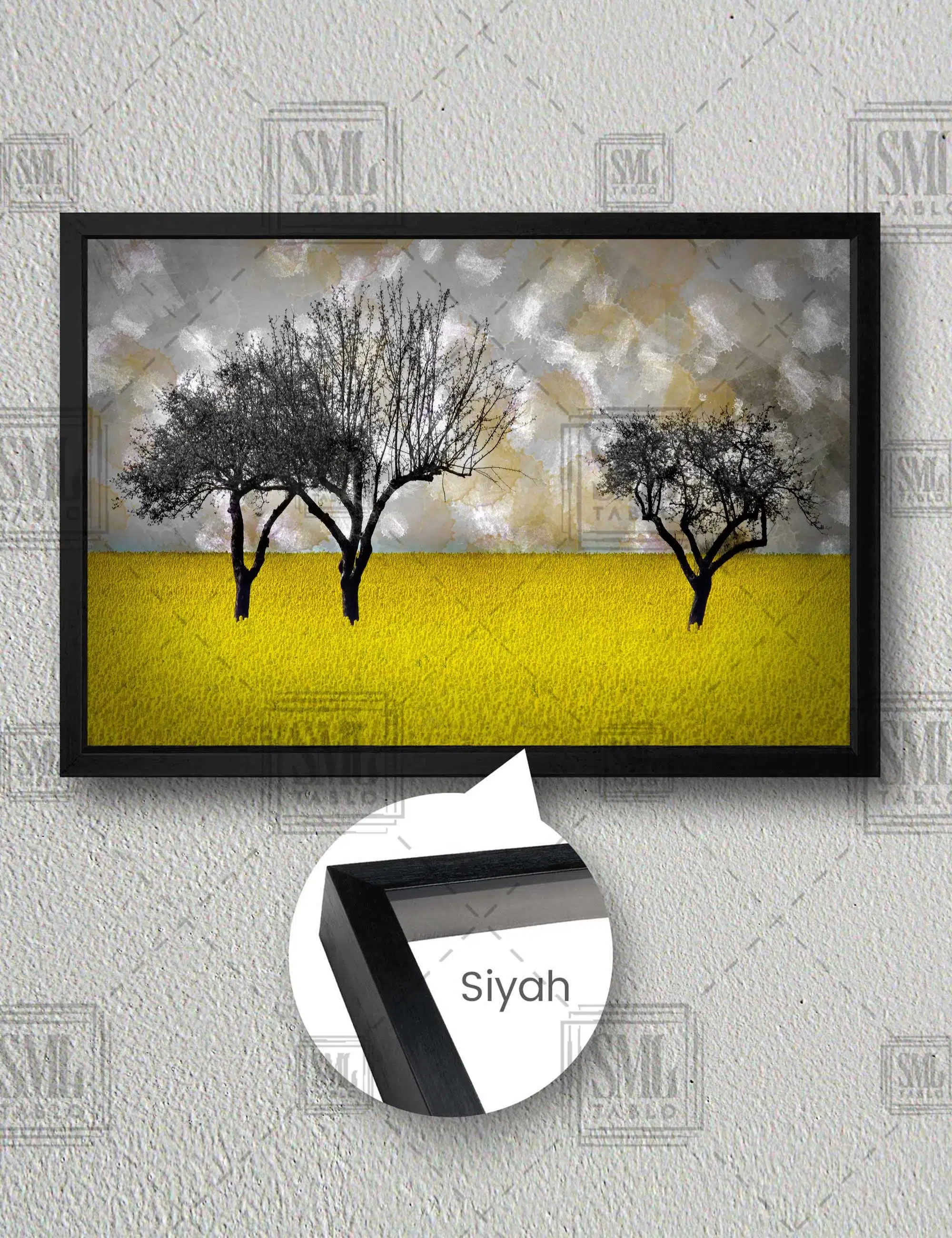 Sarı Çiçek Tarlasındaki Ağaçlar Modern Dekoratif Yatay Çerçeveli Kanvas Tablo - Siyah