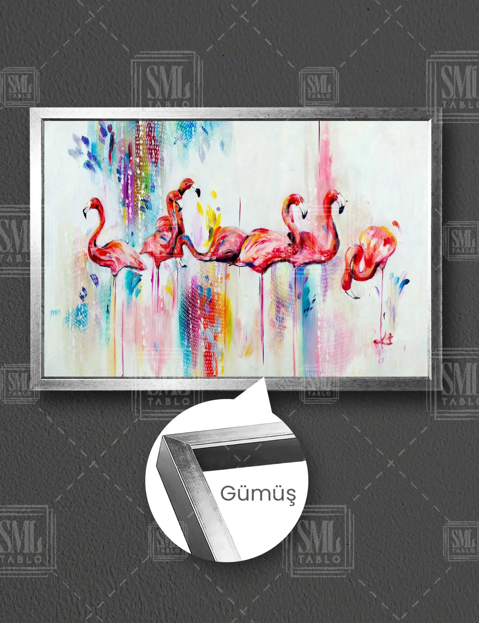 Pembe Sevimli Flamingolar Art Hayvan Allı Turna Yatay Çerçeveli Kanvas Tablo - Gümüş