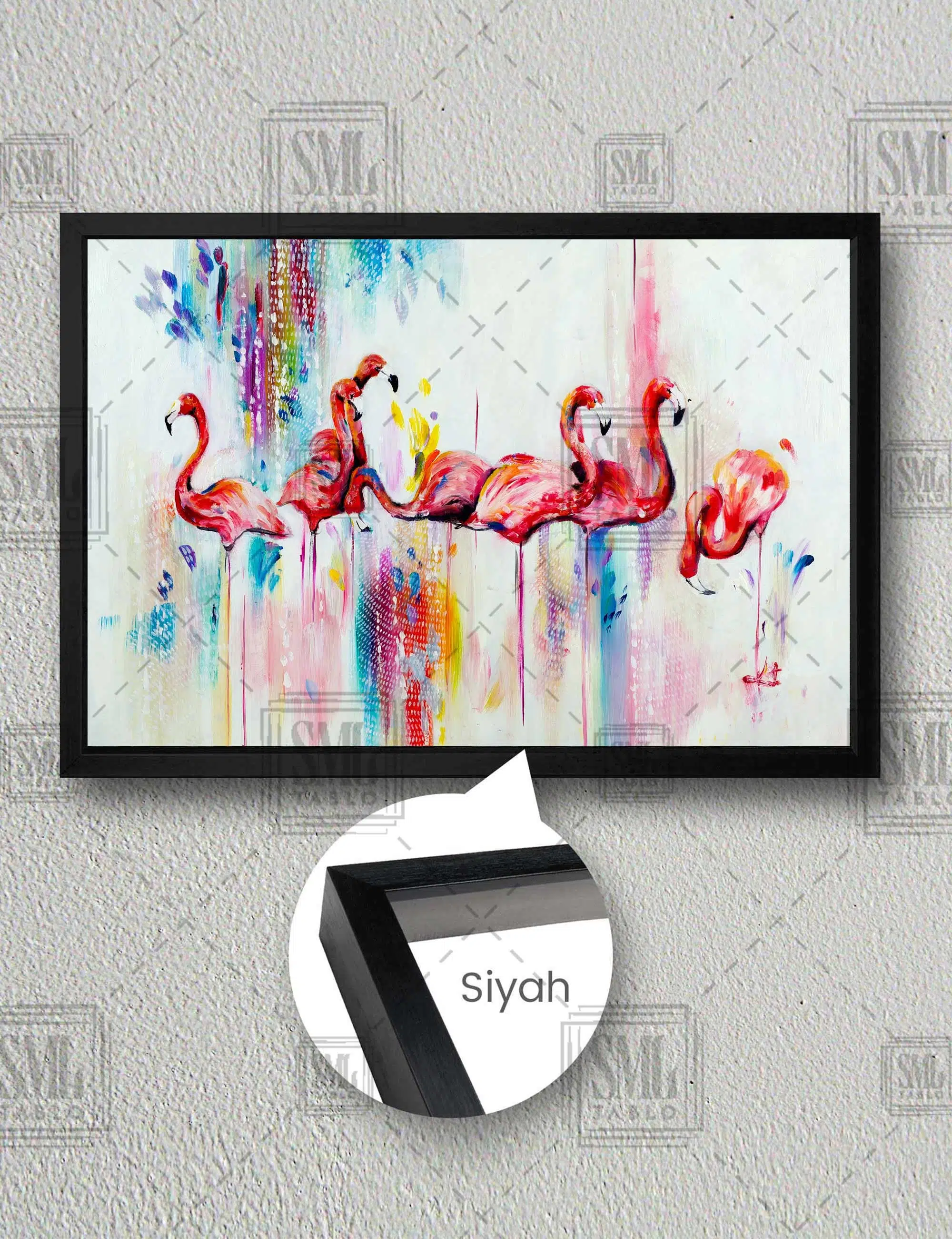 Pembe Sevimli Flamingolar Art Hayvan Allı Turna Yatay Çerçeveli Kanvas Tablo - Siyah