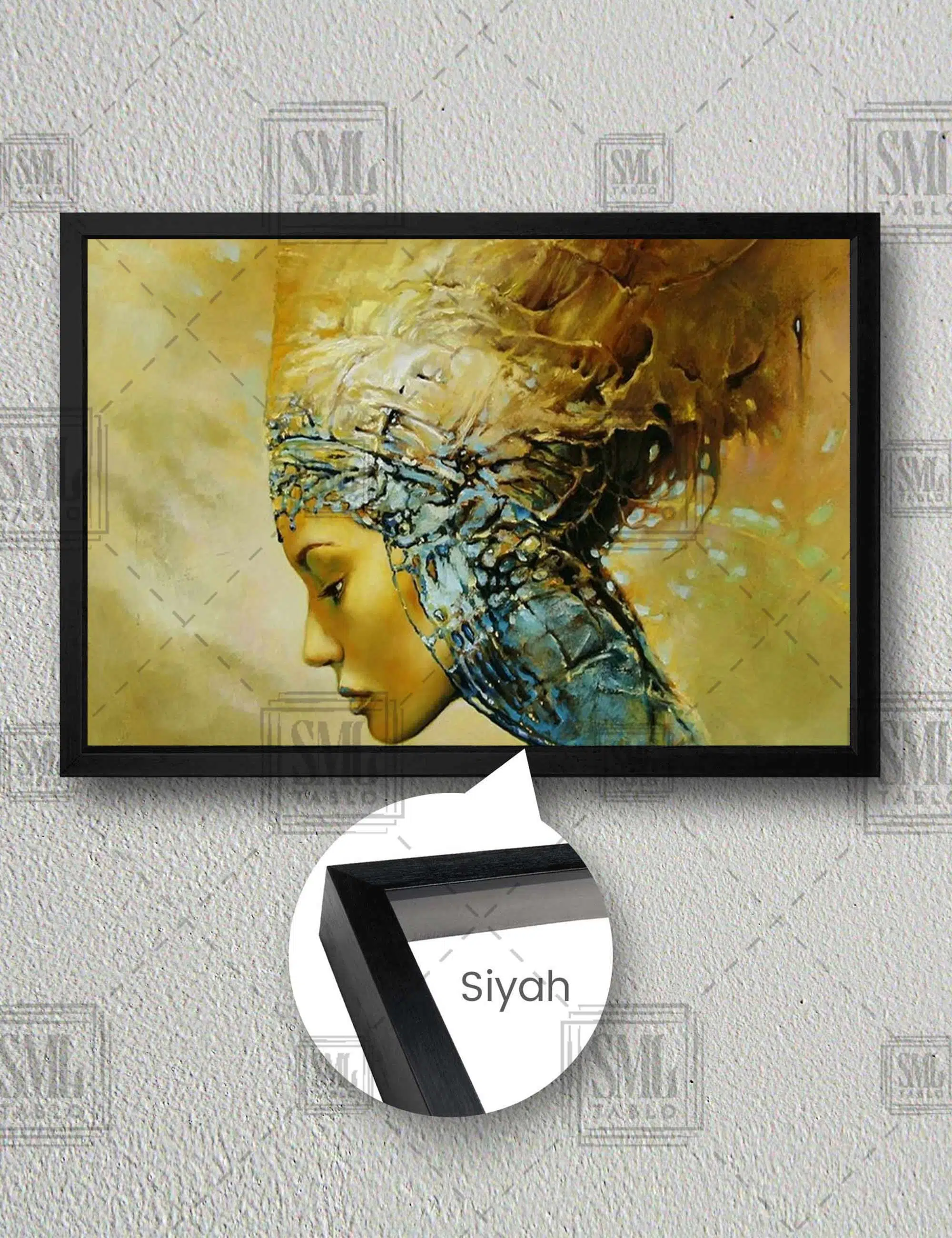 Etnik Altın Başlıklı Kadın Gizemli Dekor Yatay Çerçeveli Kanvas Tablo - Siyah