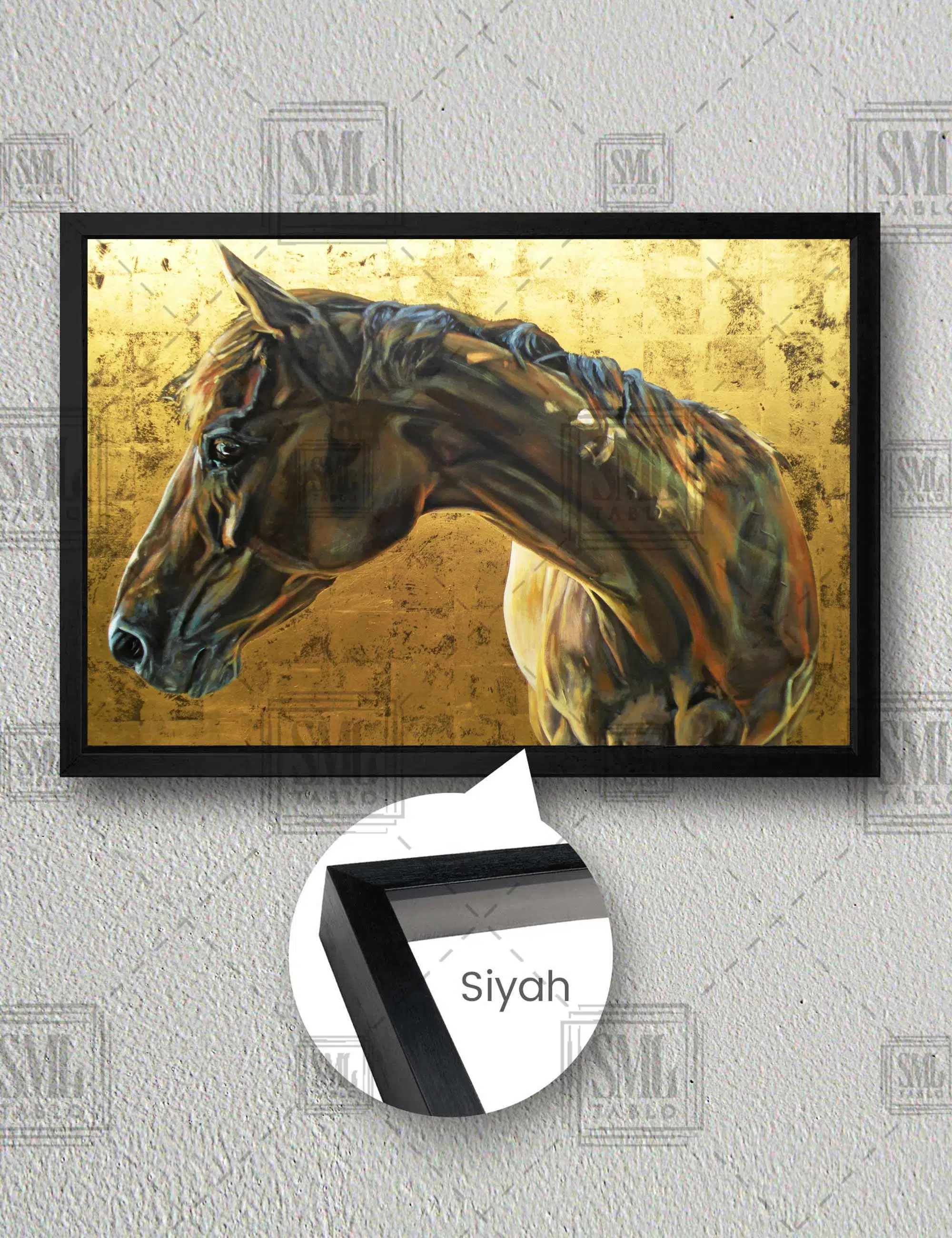 Kahverengi At Asalet Hayvan Gold Fon Dekor Yatay Çerçeveli Kanvas Tablo - Siyah