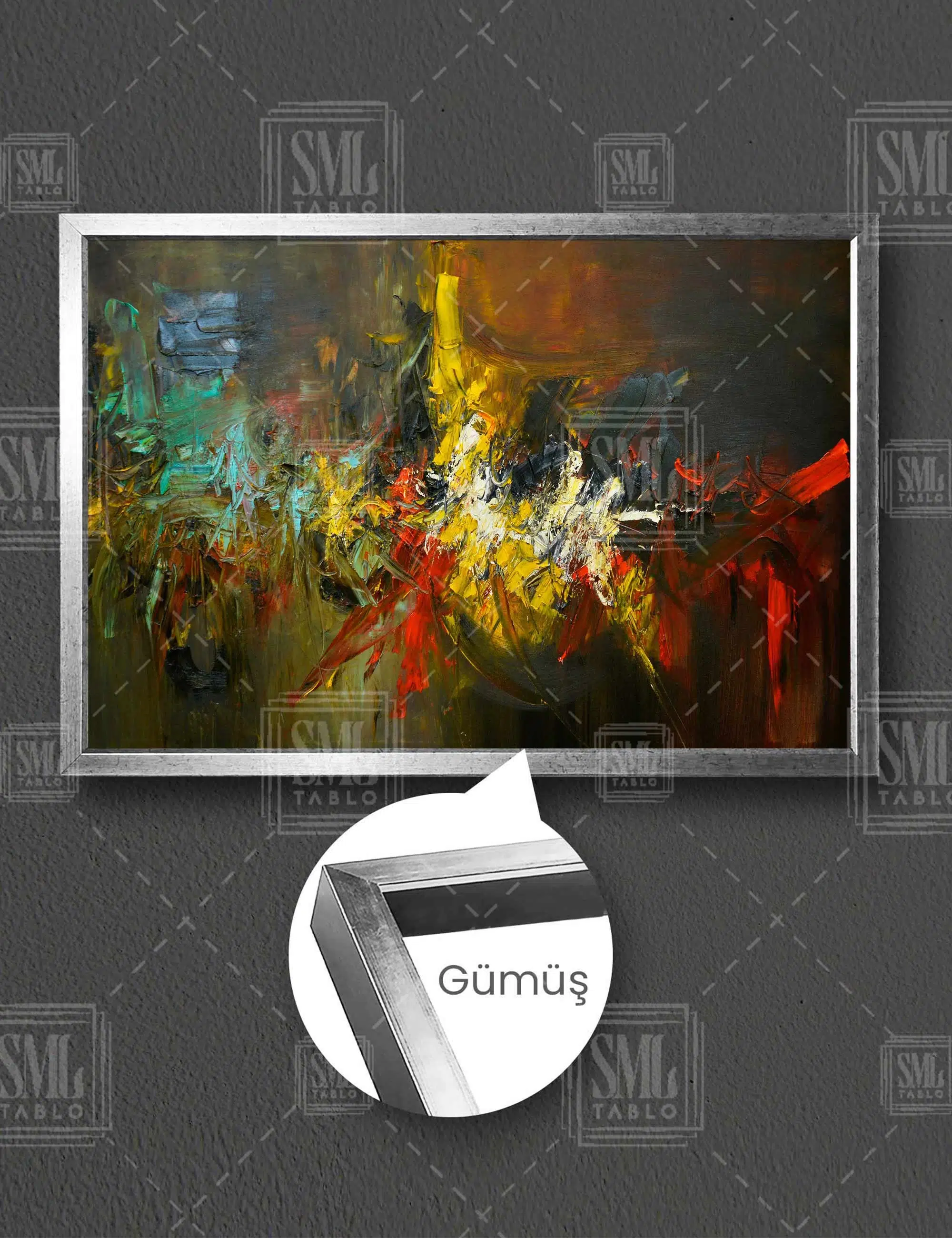 Abstract Renkler Soyut Modern Sanat Dekor Yatay Çerçeveli Kanvas Tablo - Gümüş