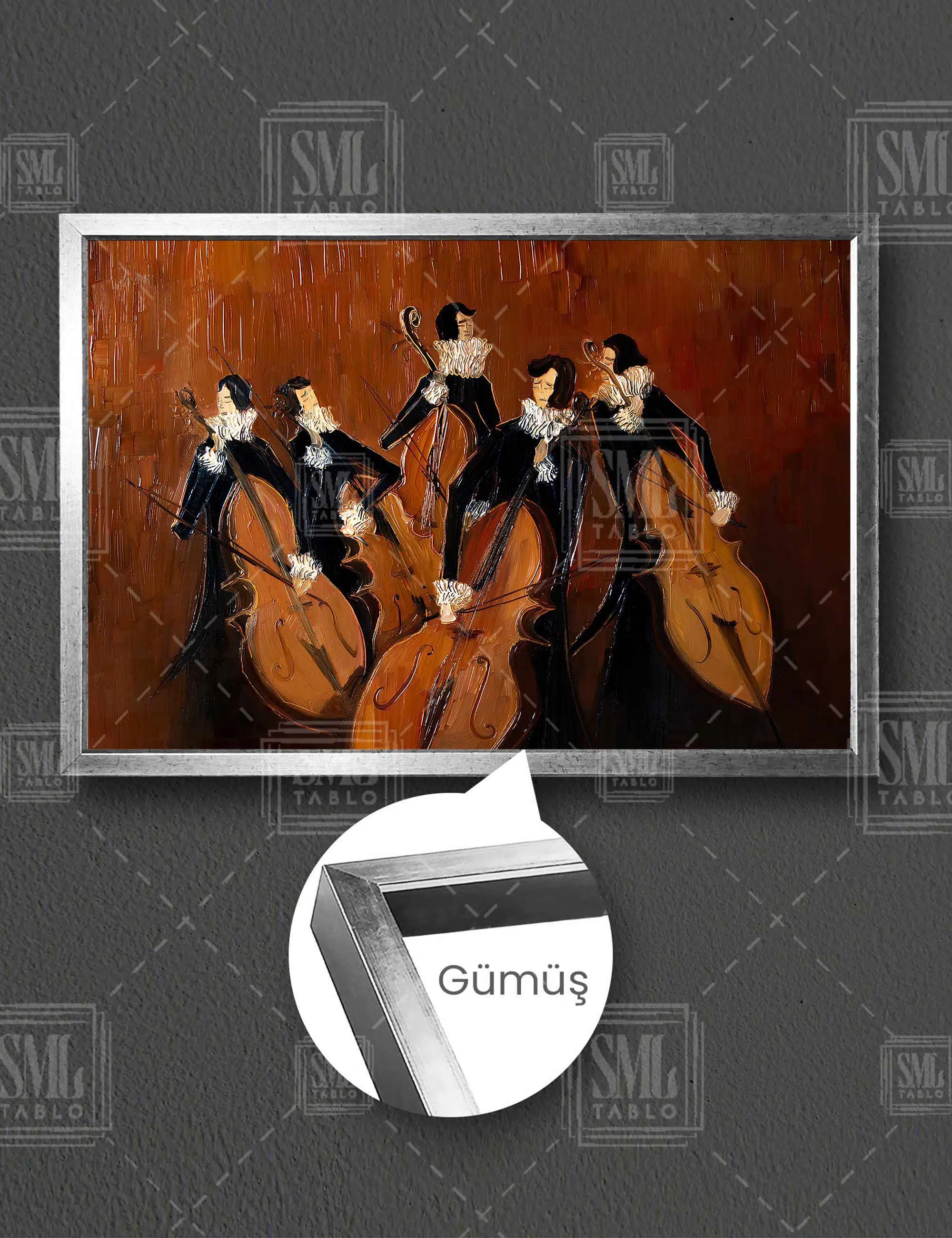 Viyolonsel Çalan Siyah Elbiseli İnsanlar Keman Müzik Art Yatay Çerçeveli Kanvas Tablo - Gümüş