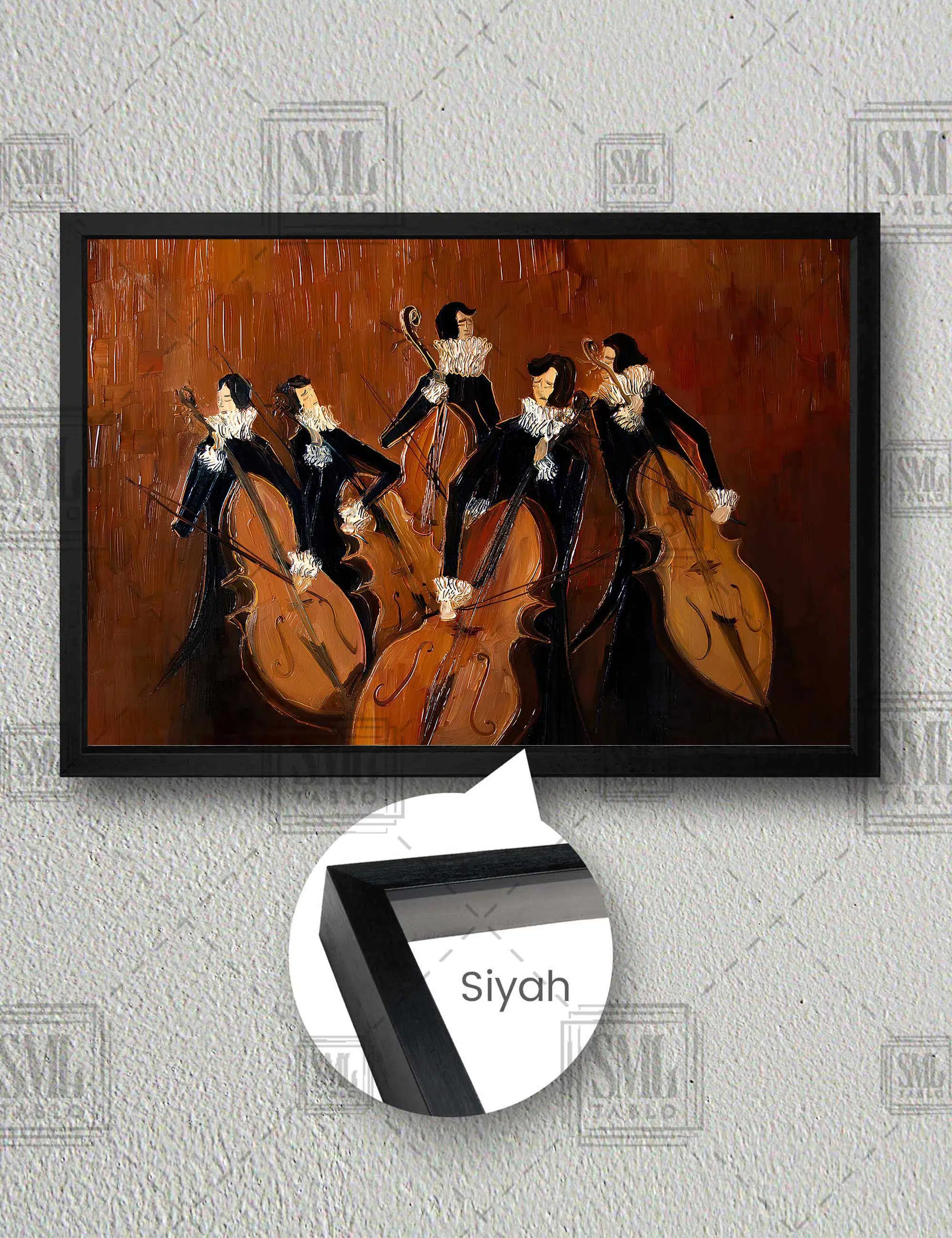 Viyolonsel Çalan Siyah Elbiseli İnsanlar Keman Müzik Art Yatay Çerçeveli Kanvas Tablo - Siyah