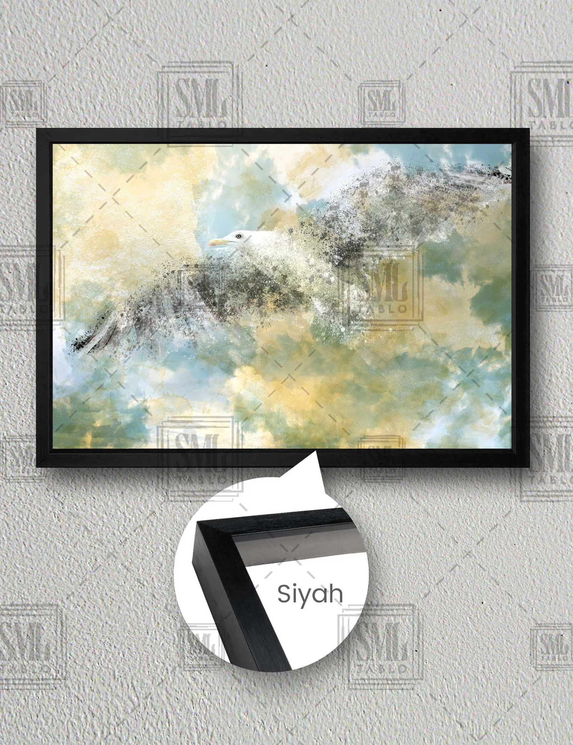 Uçan Beyaz Martı Soyut Art Dekor Hayvan Yatay Çerçeveli Kanvas Tablo - Siyah