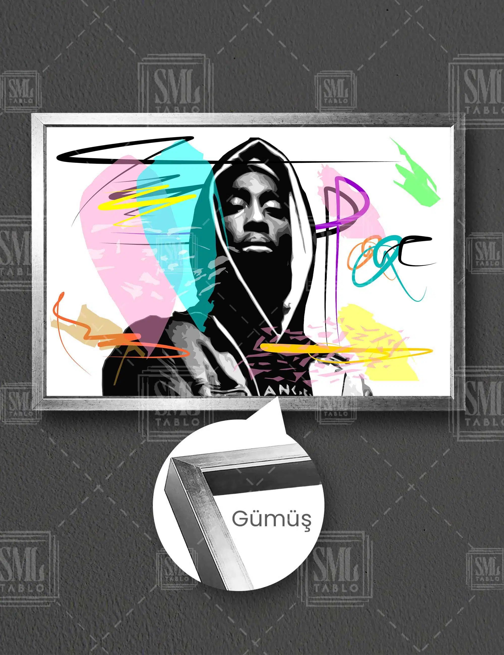 Tupac Shakur 2Pac Rap Müzik Sanat Art Dekor Retro Yatay Çerçeveli Kanvas Tablo - Gümüş