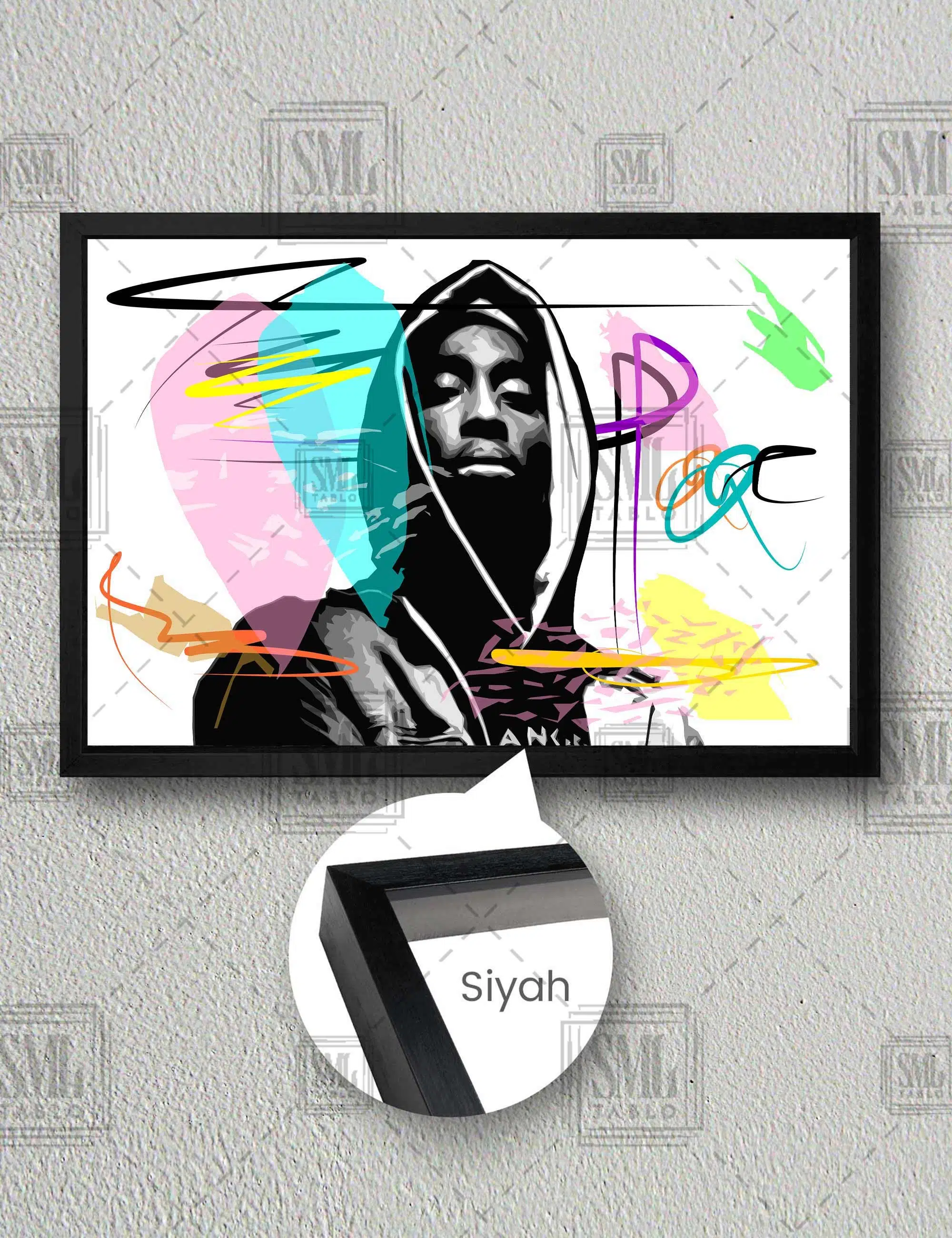 Tupac Shakur 2Pac Rap Müzik Sanat Art Dekor Retro Yatay Çerçeveli Kanvas Tablo - Siyah