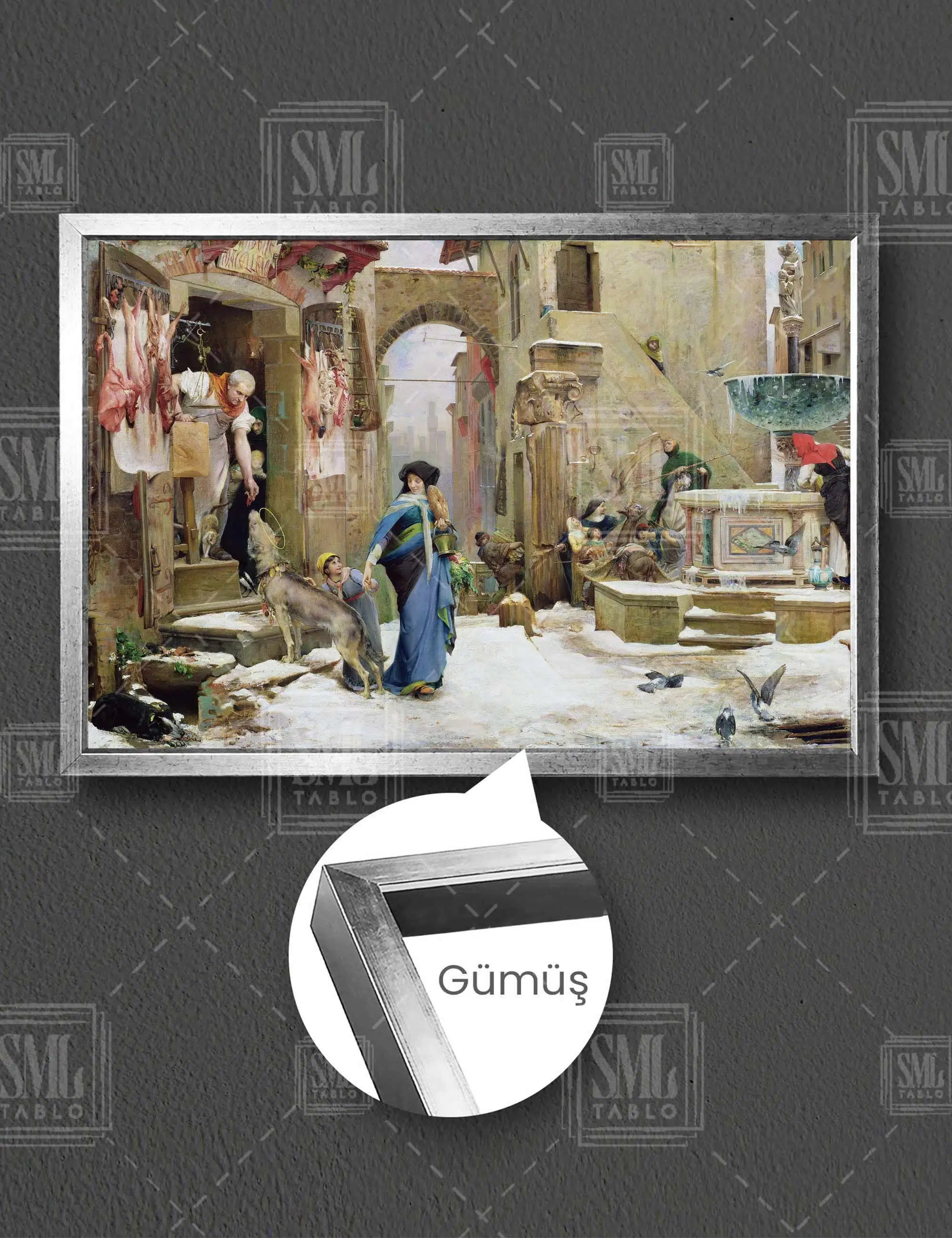 The Wolf Of Gubbio Rönesans Başyapıt Kurt Yatay Çerçeveli Kanvas Tablo - Gümüş
