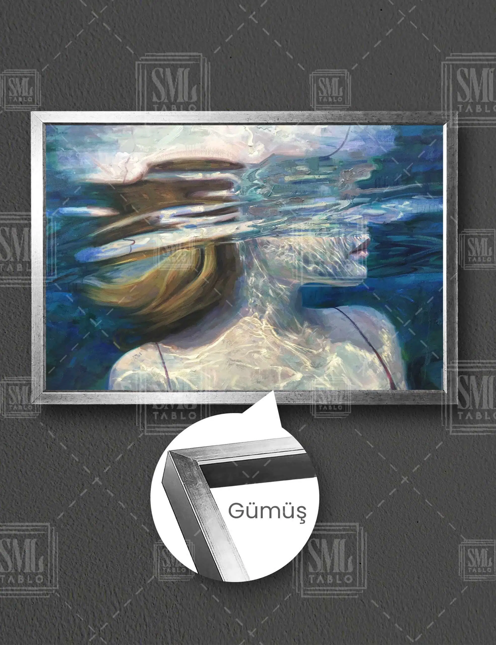 Suya Dalmış Kadın Soyut Woman Art Yatay Çerçeveli Kanvas Tablo - Gümüş