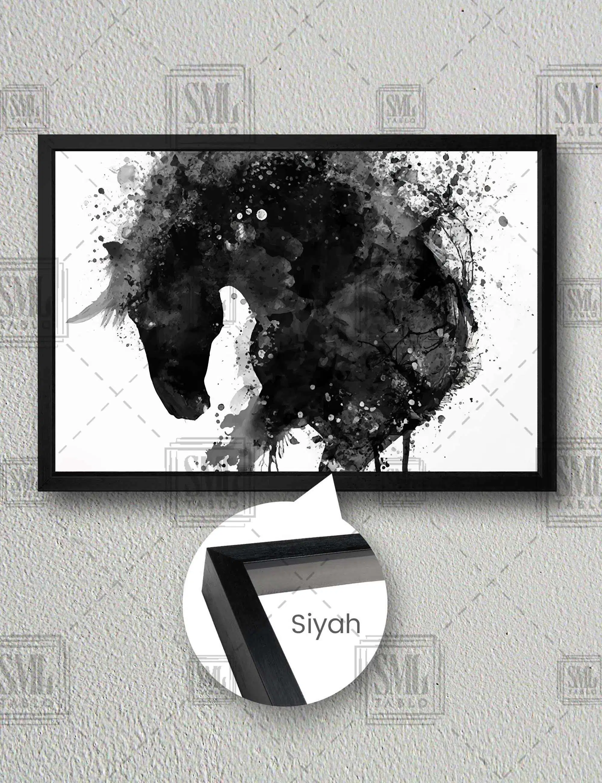 Sulu Boya Efektli Siyah At Hayvan Art Dekoratif Yatay Çerçeveli Kanvas Tablo - Siyah