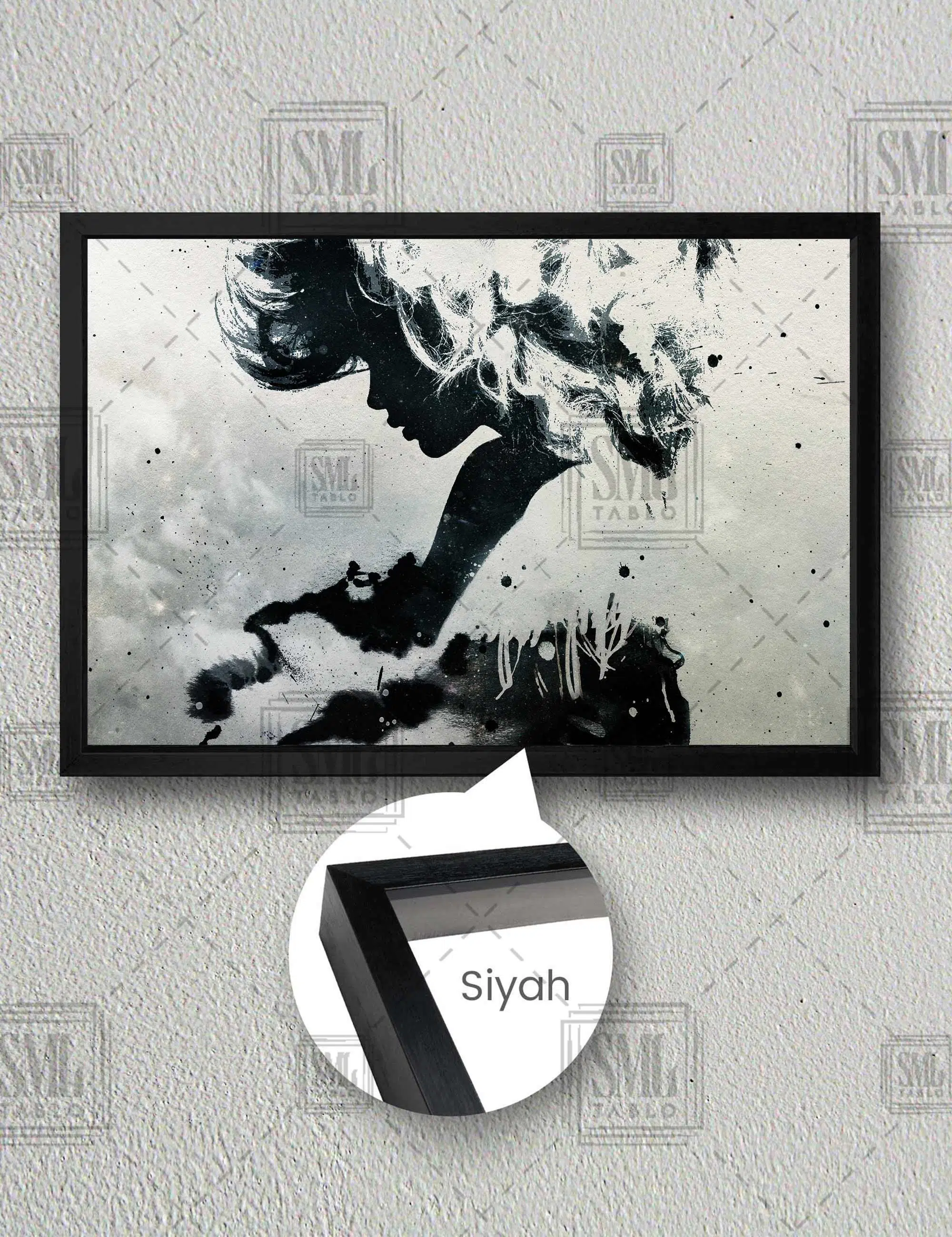 Sulu Boya Efektli Kadın Silüeti Modern Sanat Abstract Yatay Çerçeveli Kanvas Tablo - Siyah