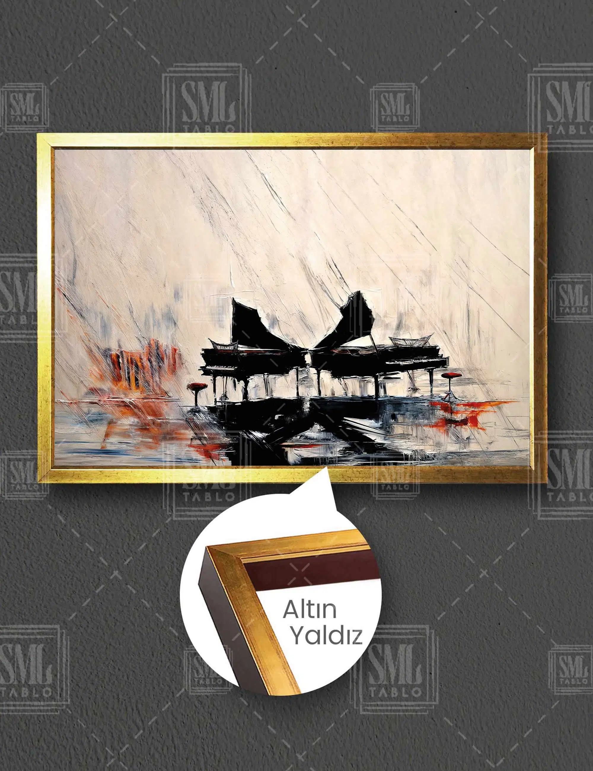 Soyut Piyano Müzik Yağlı Boya Efektli Sanat Art Yatay Çerçeveli Kanvas Tablo