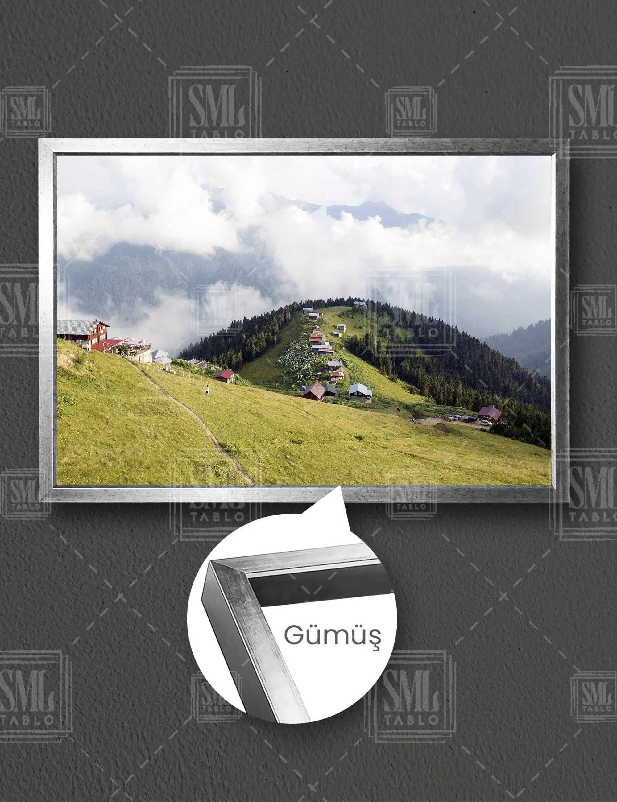 Rize Pokut Yaylası Doğa Manzara Karadeniz Yatay Çerçeveli Kanvas Tablo - Gümüş