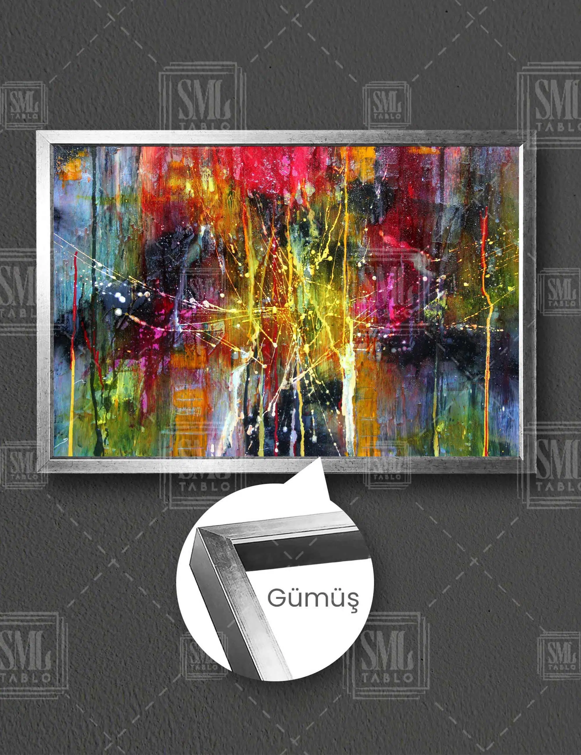 Renkli Akan Damlalar Sanat Art Dekor Yatay Çerçeveli Kanvas Tablo - Gümüş