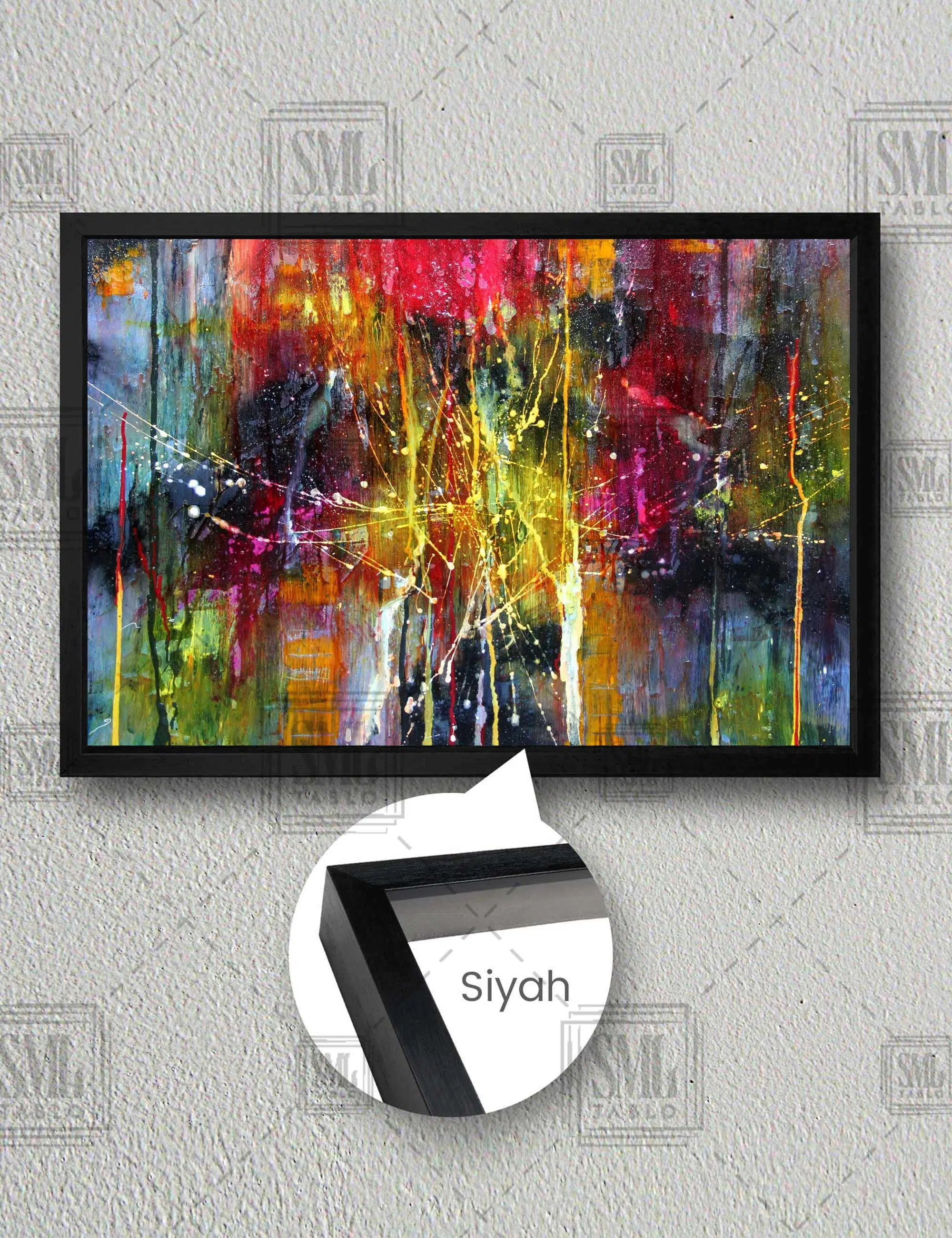 Renkli Akan Damlalar Sanat Art Dekor Yatay Çerçeveli Kanvas Tablo - Siyah