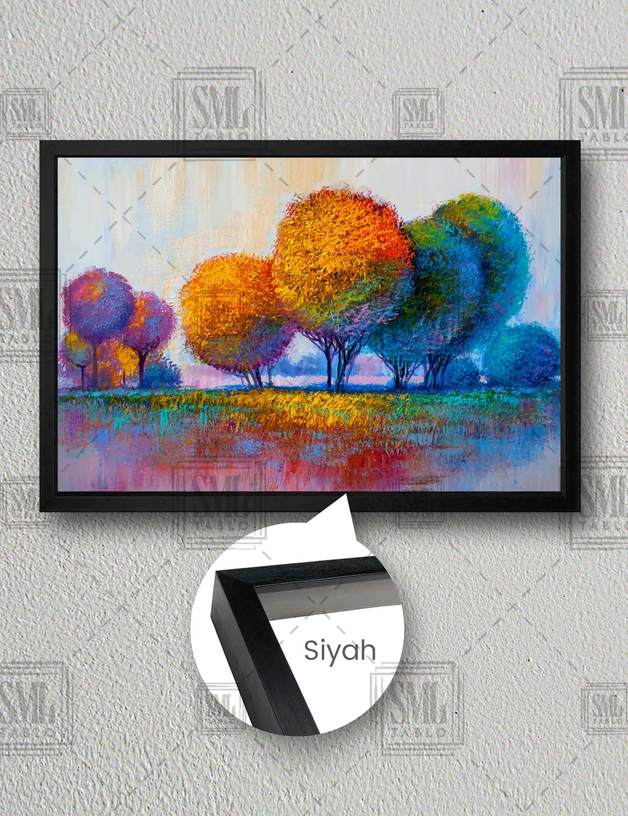 Renkli Ağaçlar Doğa Manzara Art Soyut Dekorasyon Yatay Çerçeveli Kanvas Tablo - Siyah