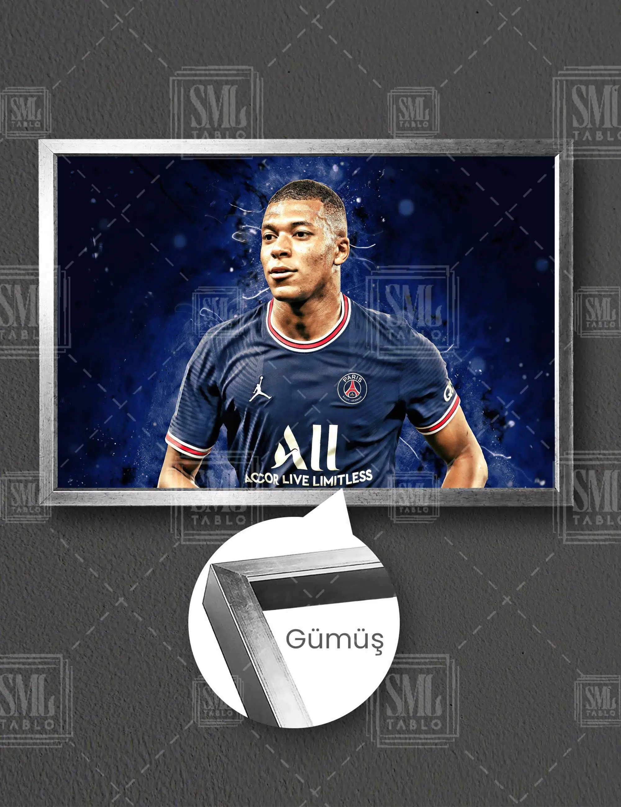 Kylian Mbappe Paris Saint Germain Psg Futbol Taraftar Yatay Çerçeveli Kanvas Tablo - Gümüş