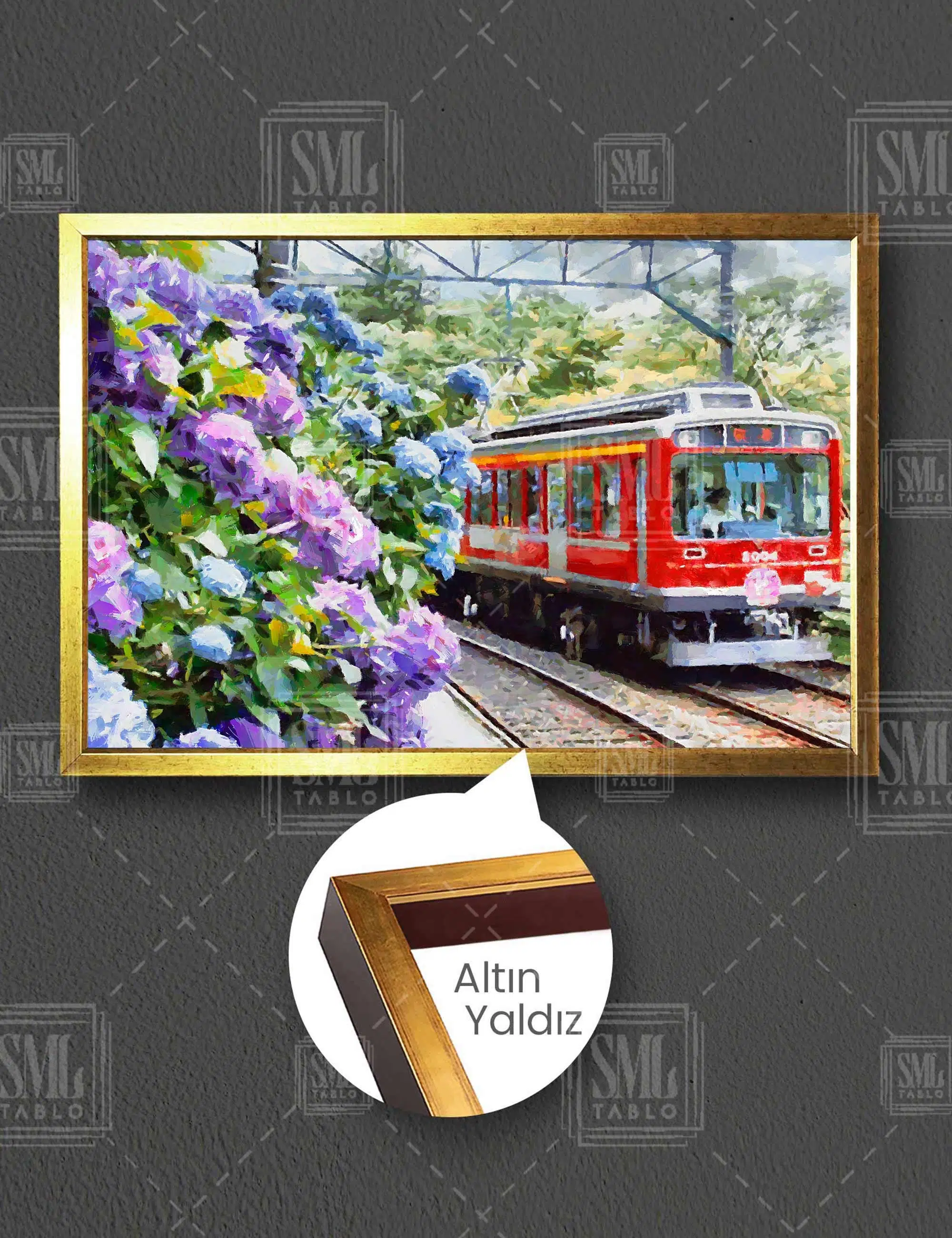 Kırmızı Tramvay Doğa Manzara Mor Açmış Çiçekler Yatay Çerçeveli Kanvas Tablo