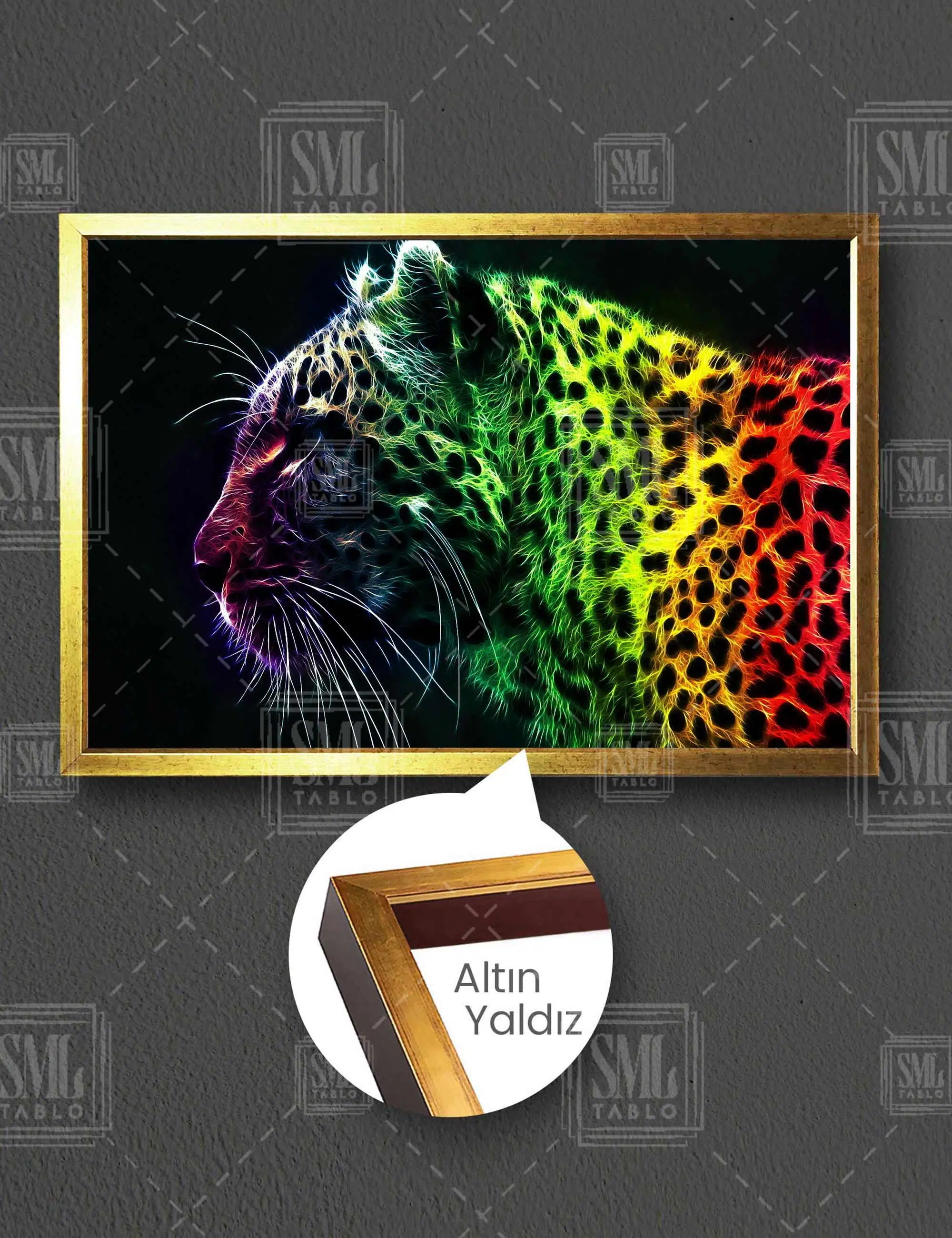 Gökkuşağı Renkli Leopar Art Dijital Sanat Yatay Çerçeveli Kanvas Tablo