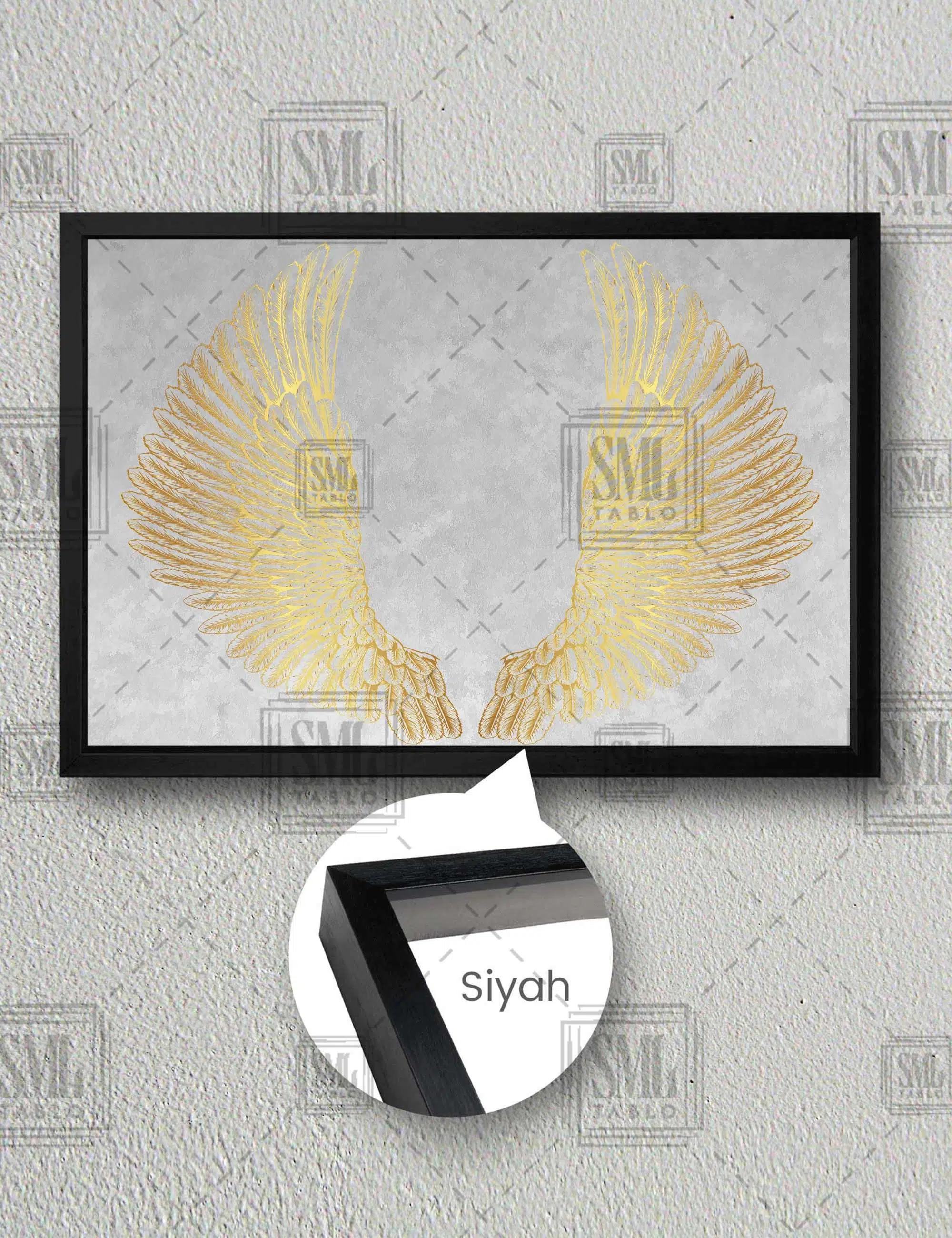Altın Melek Kanatları Dekorasyon Gold Moder Sanat Yatay Çerçeveli Kanvas Tablo - Siyah