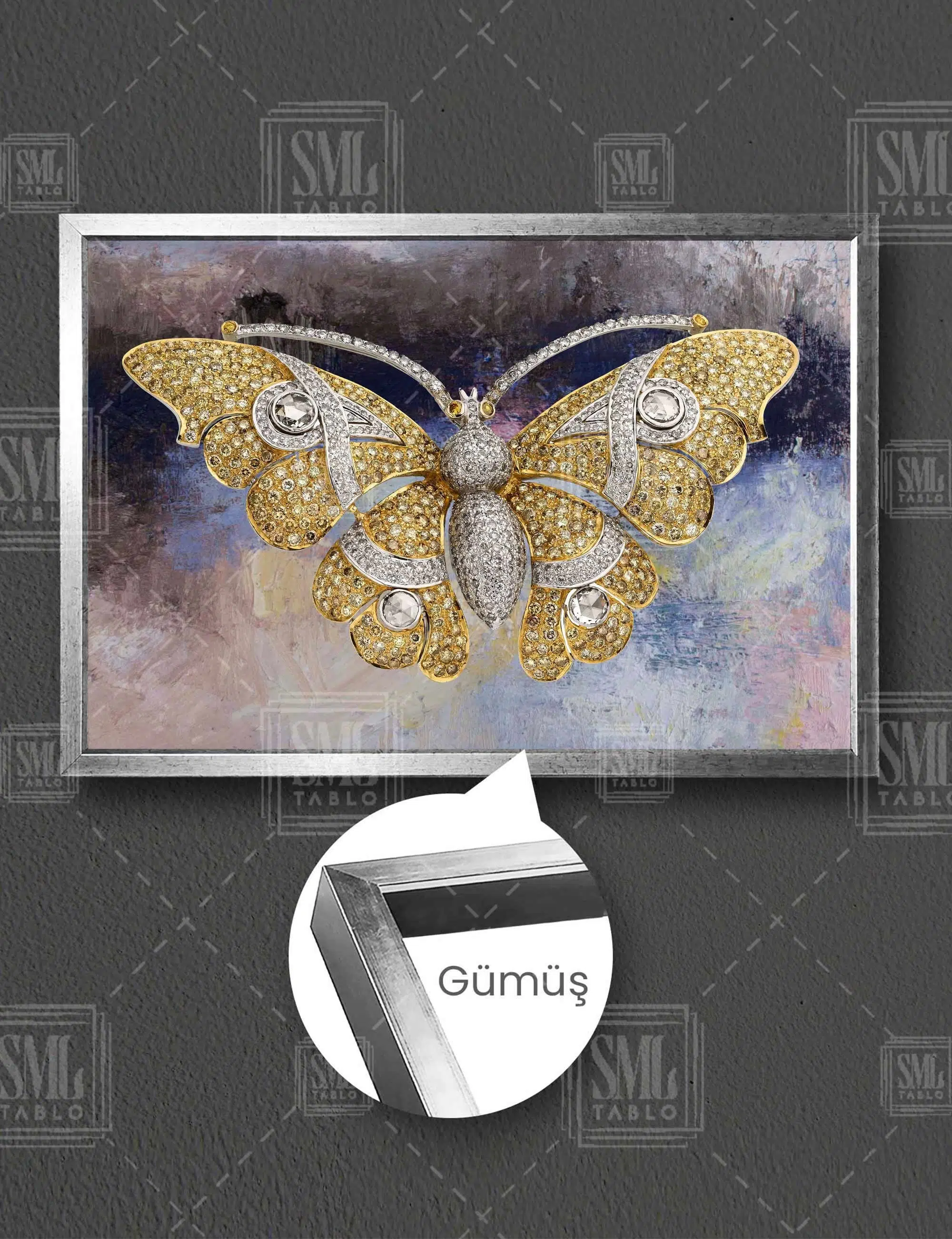 Altın İşlemeli Kelebek Gold Soyut Sanat Yatay Çerçeveli Kanvas Tablo - Gümüş