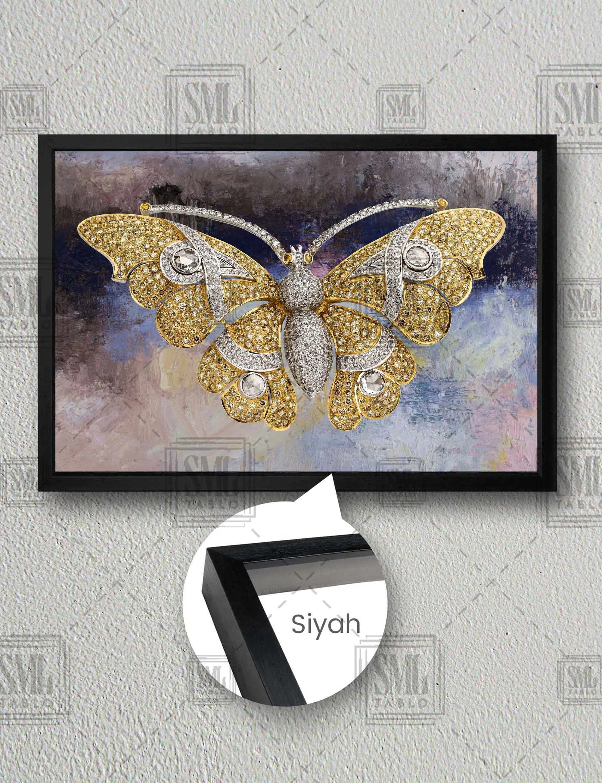 Altın İşlemeli Kelebek Gold Soyut Sanat Yatay Çerçeveli Kanvas Tablo - Siyah