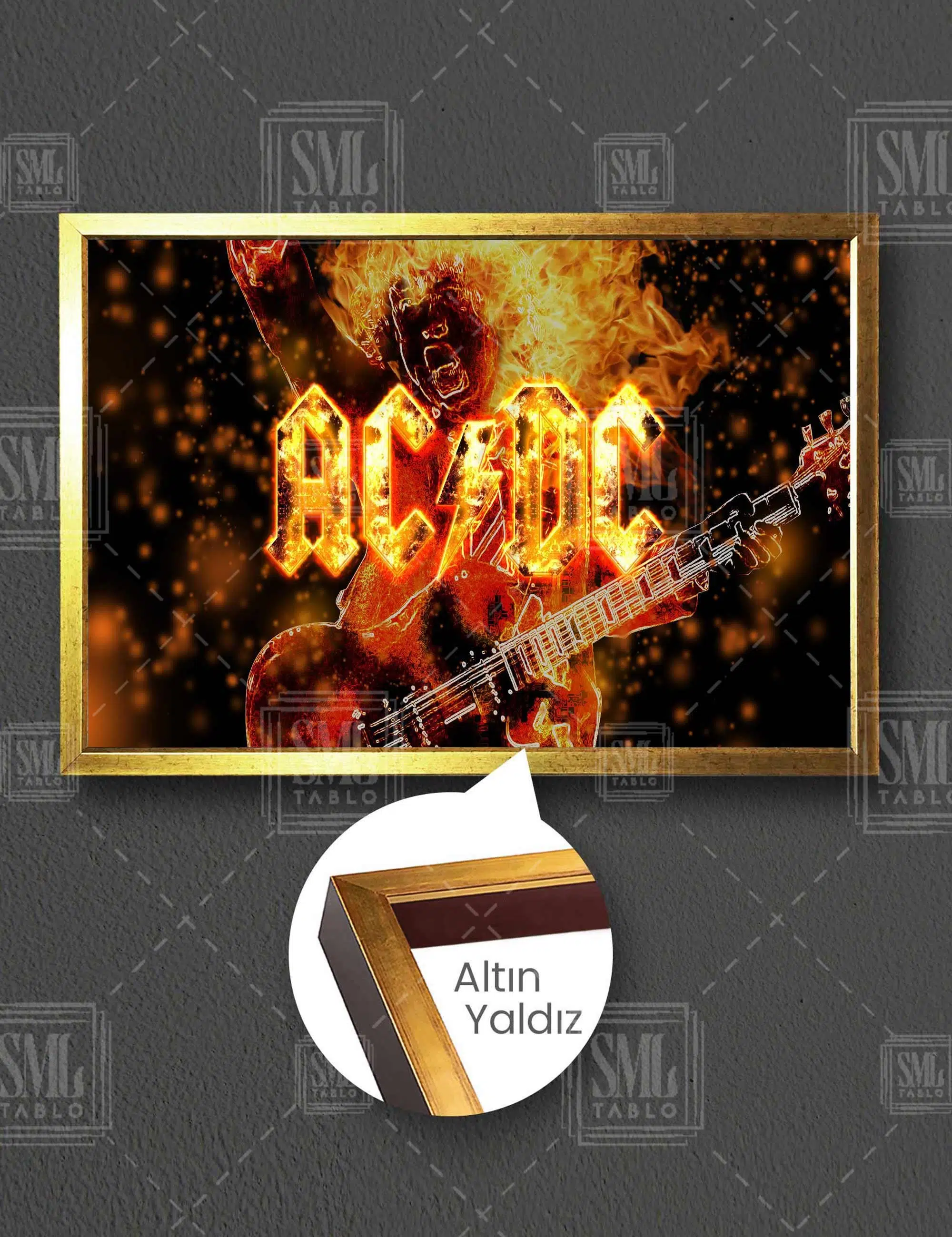 Ac Dc Müzik Grubu Rock Ateş Müzik Alev Dekor Yatay Çerçeveli Kanvas Tablo
