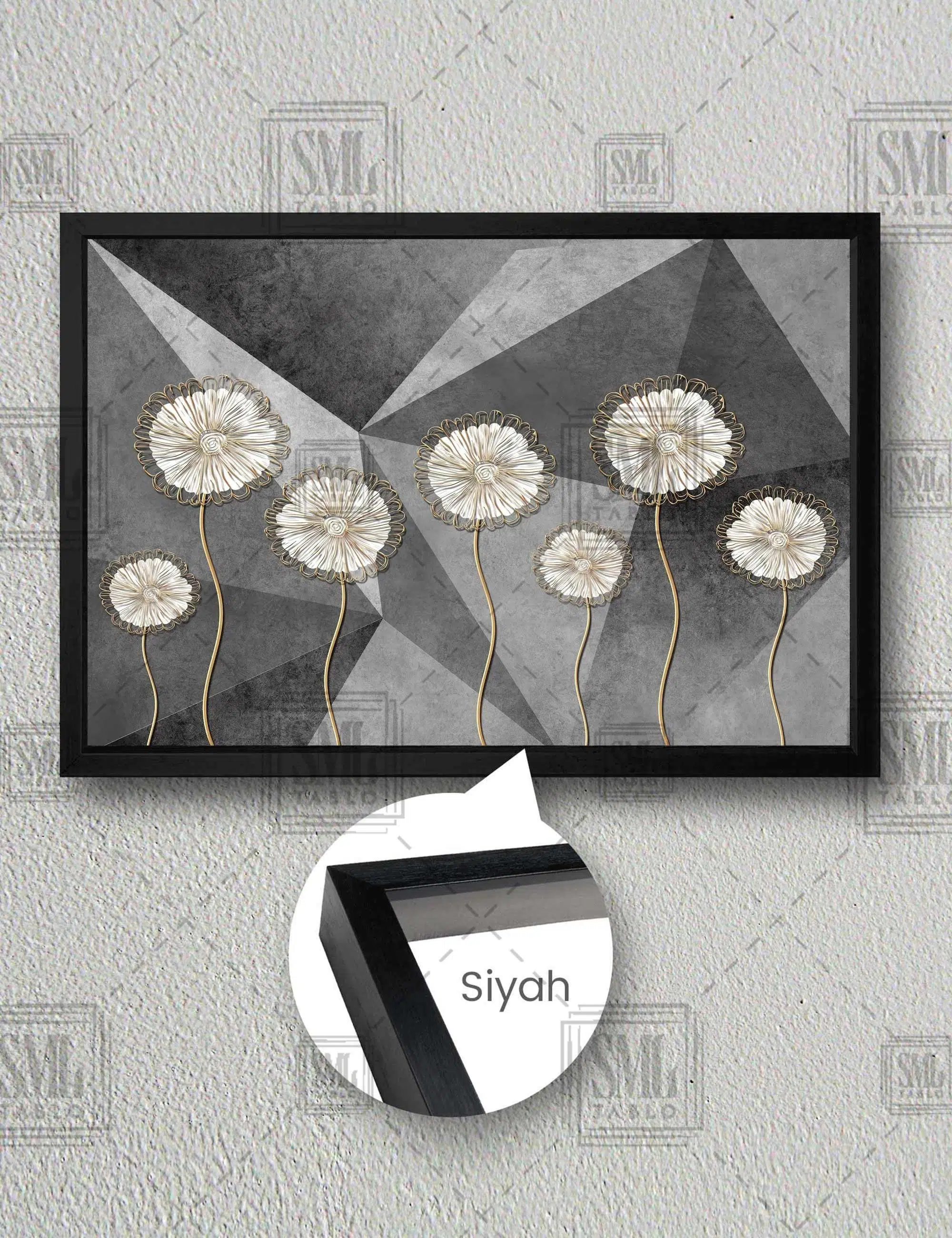 Altın Dallı Hindiba Çiçeği Modern Sanat Doğa Çiçek Yatay Çerçeveli Kanvas Tablo - Siyah