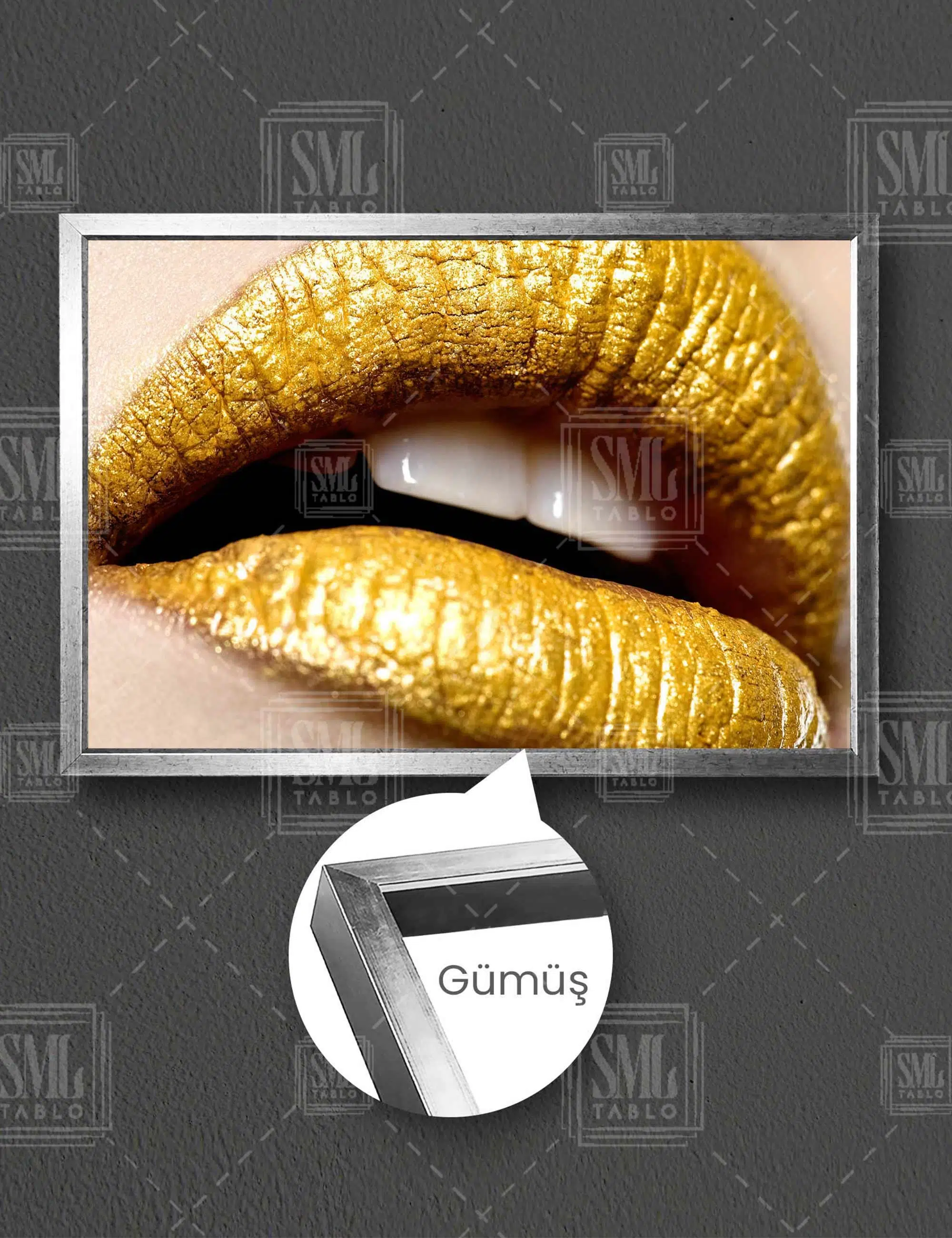 Altın Gold Simli Rujlu Manken Makyaj Dudak Öpücük Woman Kuaför Yatay Çerçeveli Kanvas Tablo - Gümüş