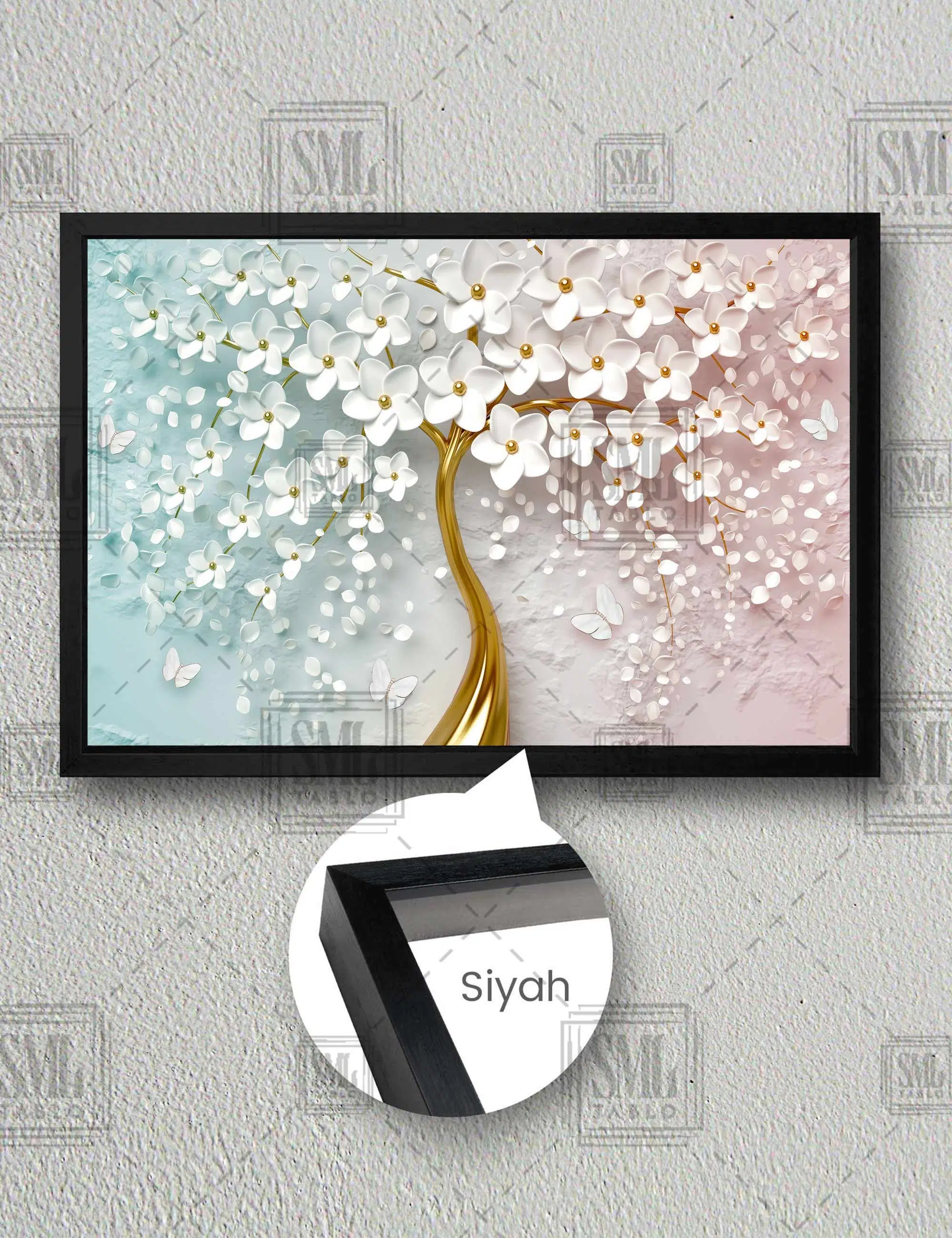 Altın Gövdeli Beyaz Porselen Çiçekli Ağaç Moden Sanat Yatay Çerçeveli Kanvas Tablo - Siyah
