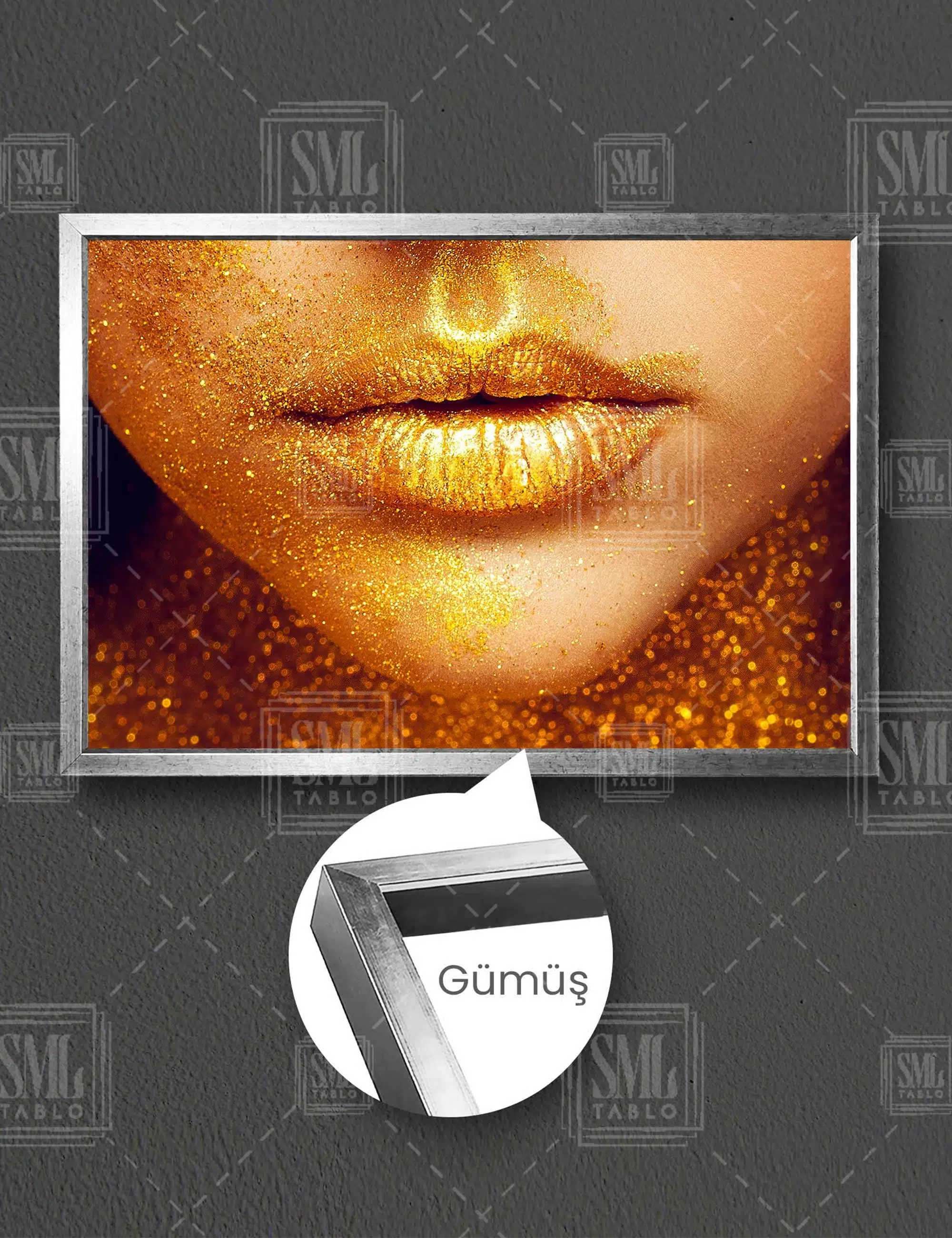 Altın Simli Kadın Dudağı Makyaj Kuaför Gold Ruj Woman Gold Dekor Yatay Çerçeveli Kanvas Tablo - Gümüş