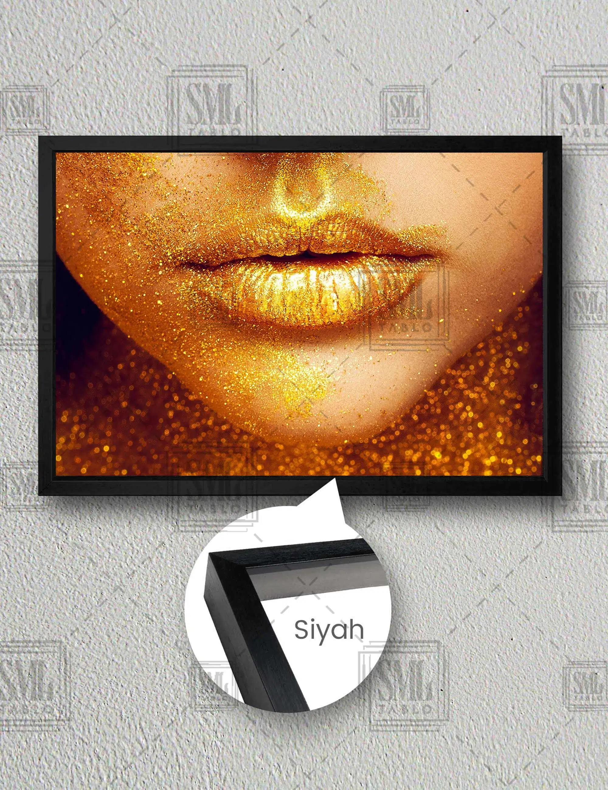 Altın Simli Kadın Dudağı Makyaj Kuaför Gold Ruj Woman Gold Dekor Yatay Çerçeveli Kanvas Tablo - Siyah