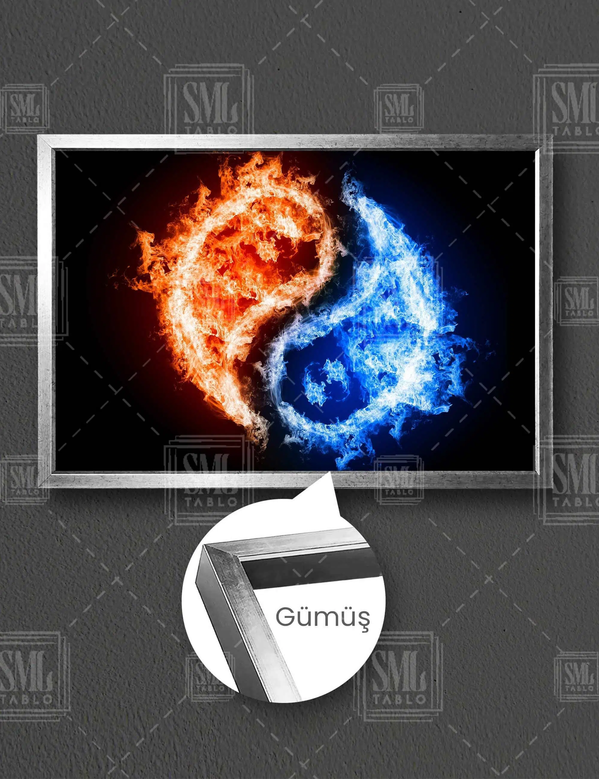 Ateş Ve Su Ying Yang Eşitlik Zıtlık Güç Yatay Çerçeveli Kanvas Tablo - Gümüş