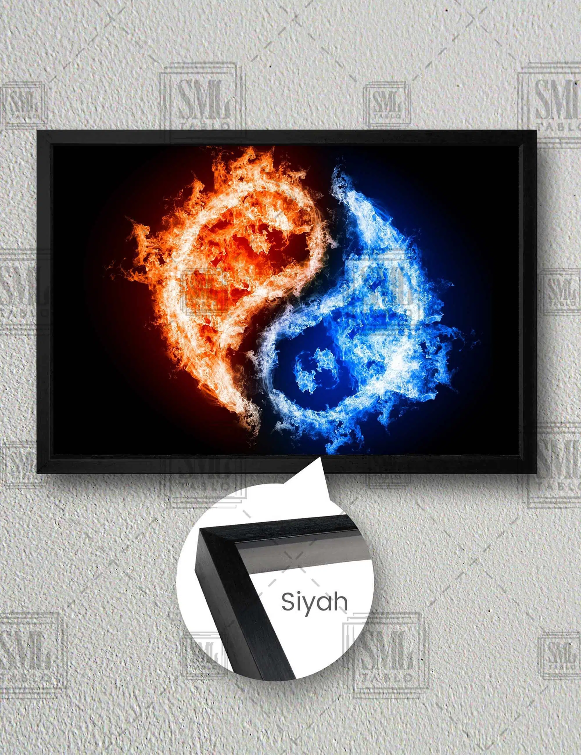 Ateş Ve Su Ying Yang Eşitlik Zıtlık Güç Yatay Çerçeveli Kanvas Tablo - Siyah