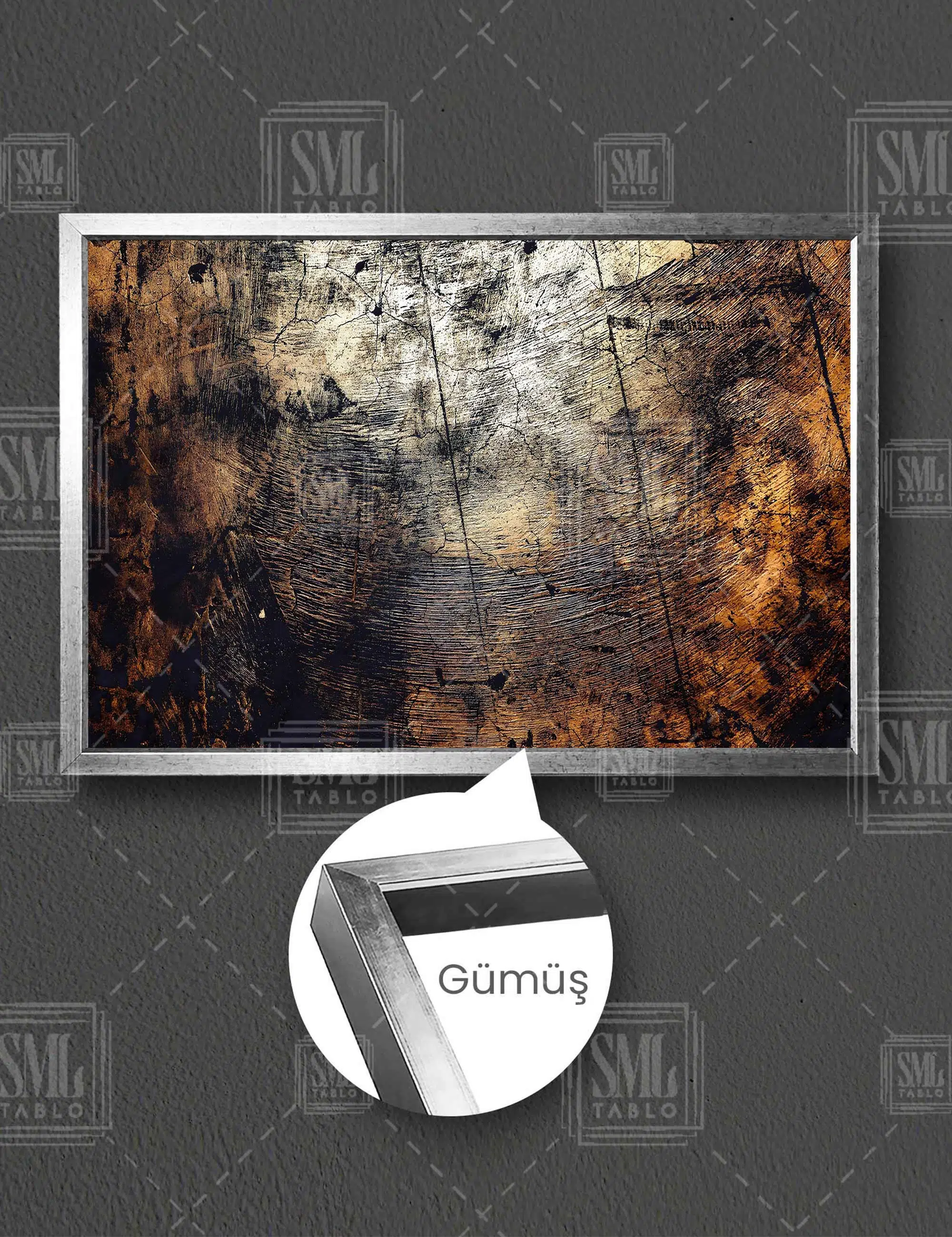 Bakır Renkli Soyut Abstract Sanat Modern Dekor Yatay Çerçeveli Kanvas Tablo - Gümüş
