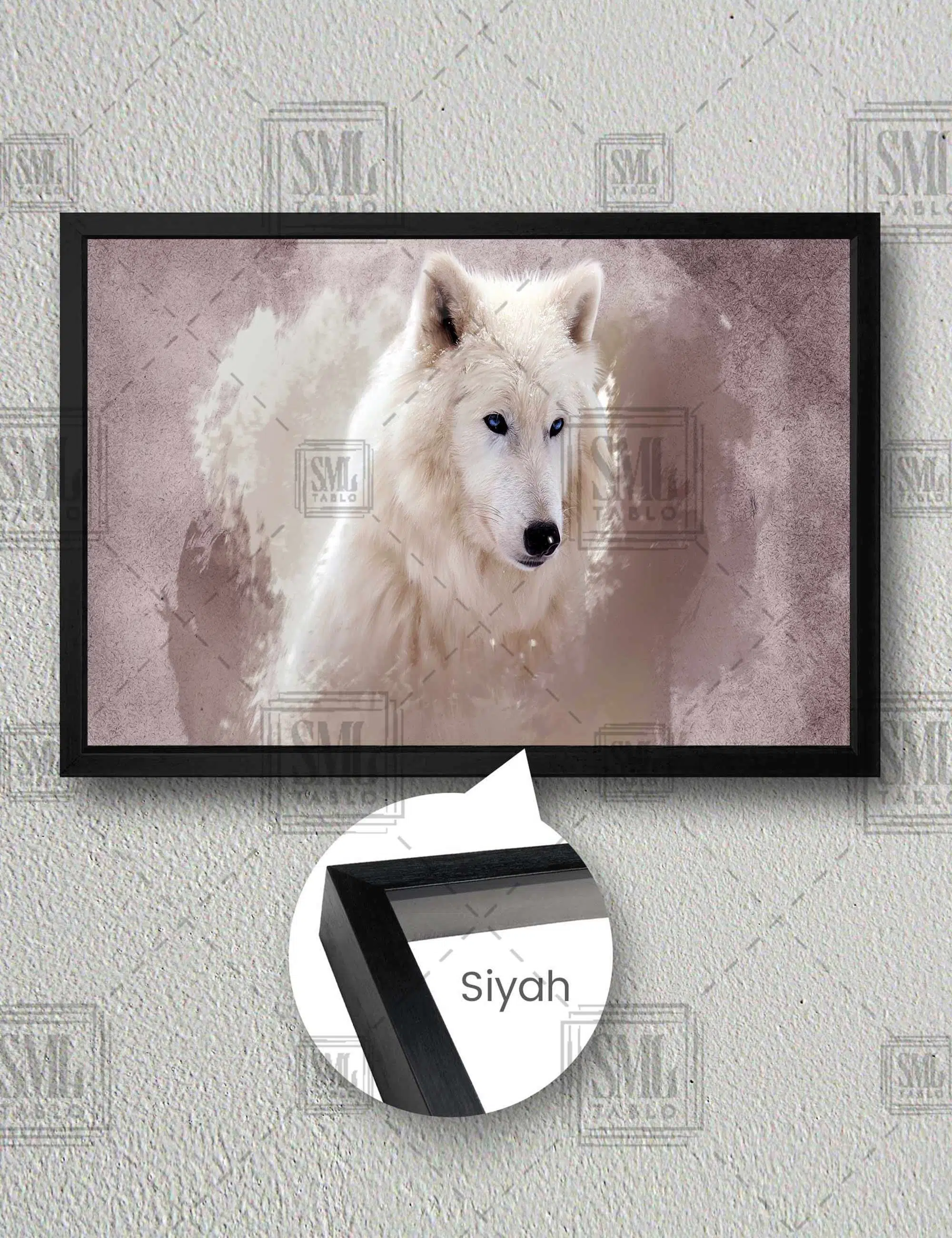 Beyaz Kurt Asalet Vahşi Doğa Hayvan Wolf Yatay Çerçeveli Kanvas Tablo - Siyah